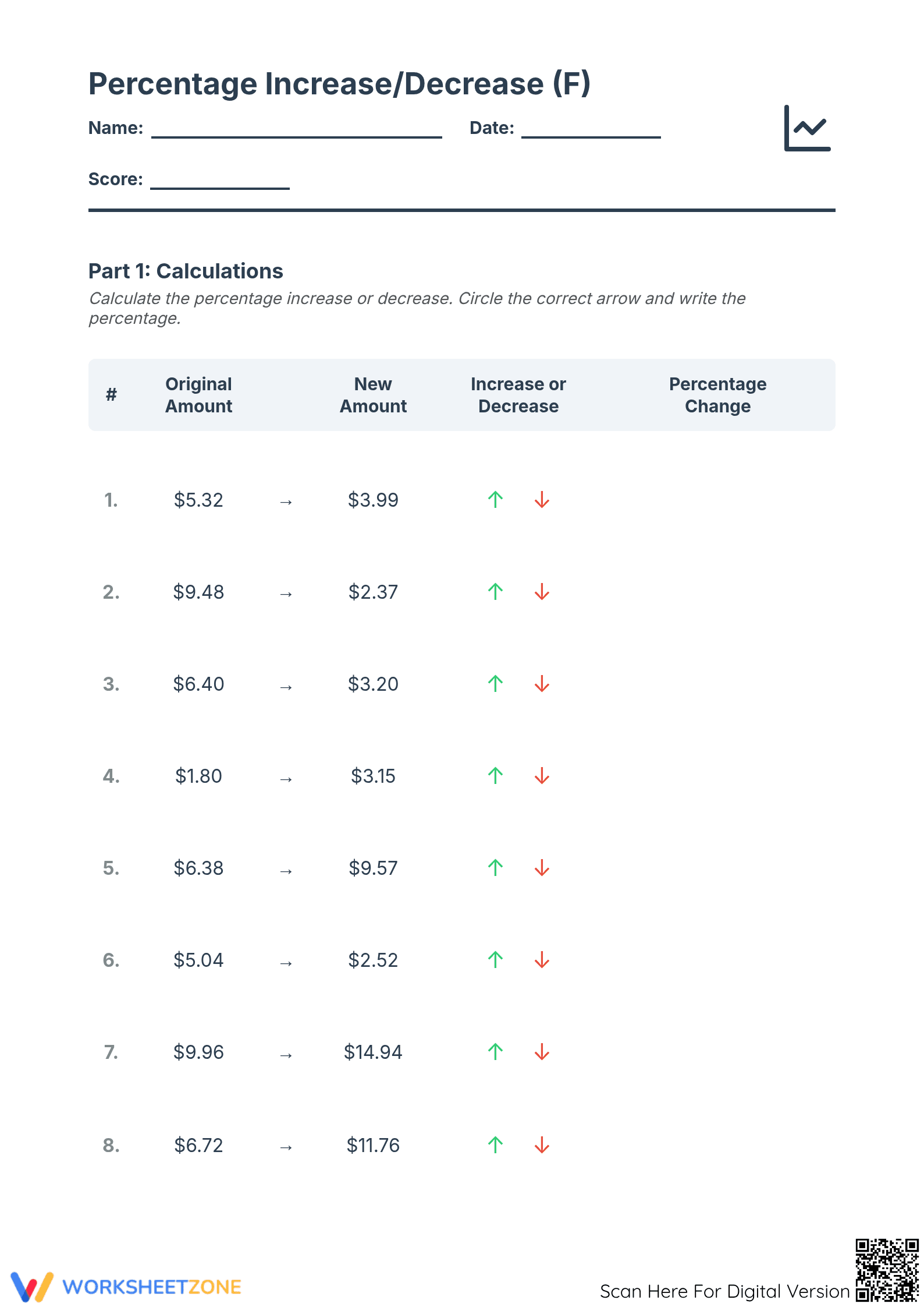 Grade 7 Percent Increase and Decrease — Printable Ready - Page 1