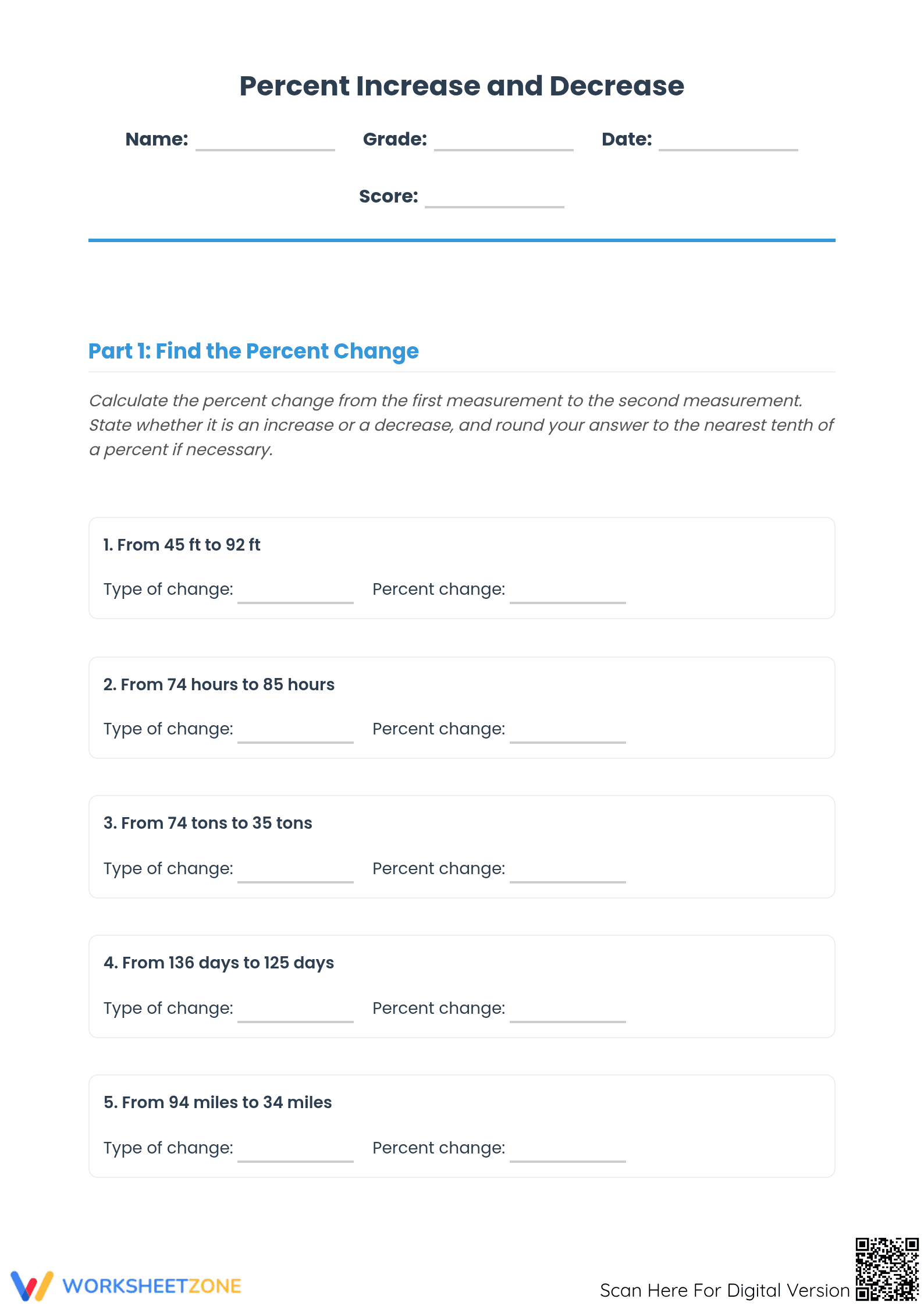 Printable Percent Increase & Decrease Worksheet - Grade 7 Math - Page 1