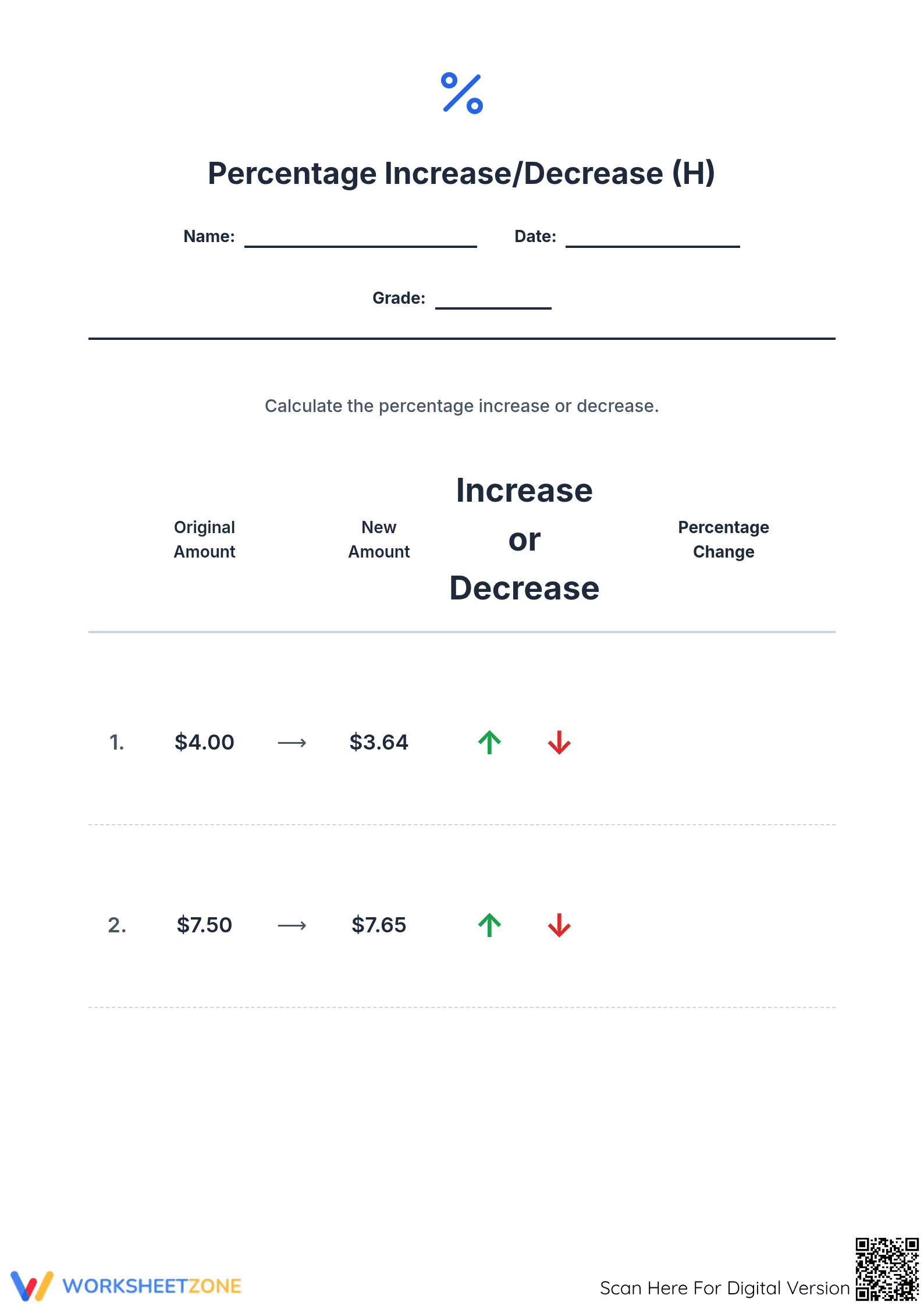 Essential Percent Increase and Decrease Worksheet | Grade 7 - Page 1