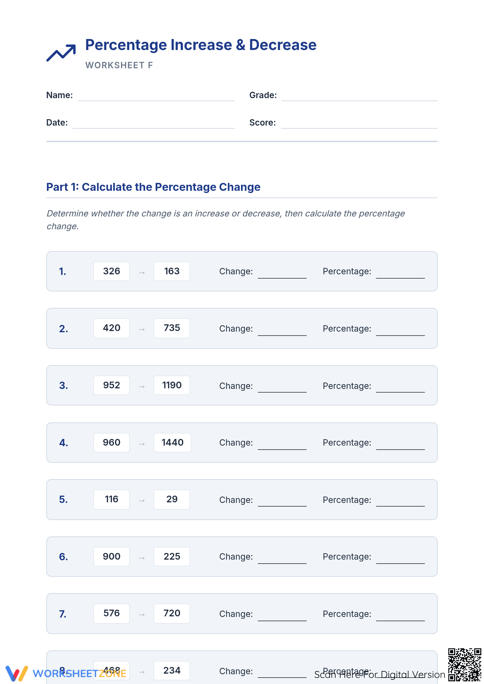 Printable Percentage Increase and Decrease Math Worksheet - Page 1