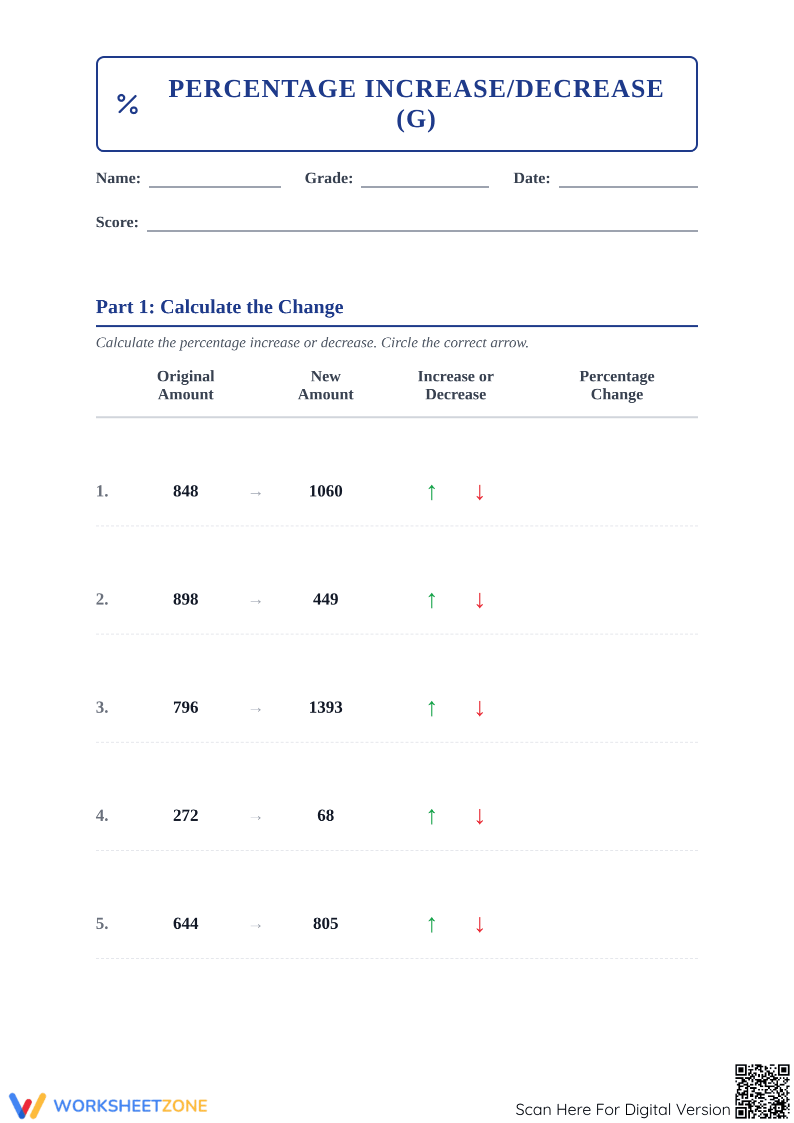 Printable Percent Increase and Decrease Worksheet | Grade 7 - Page 1