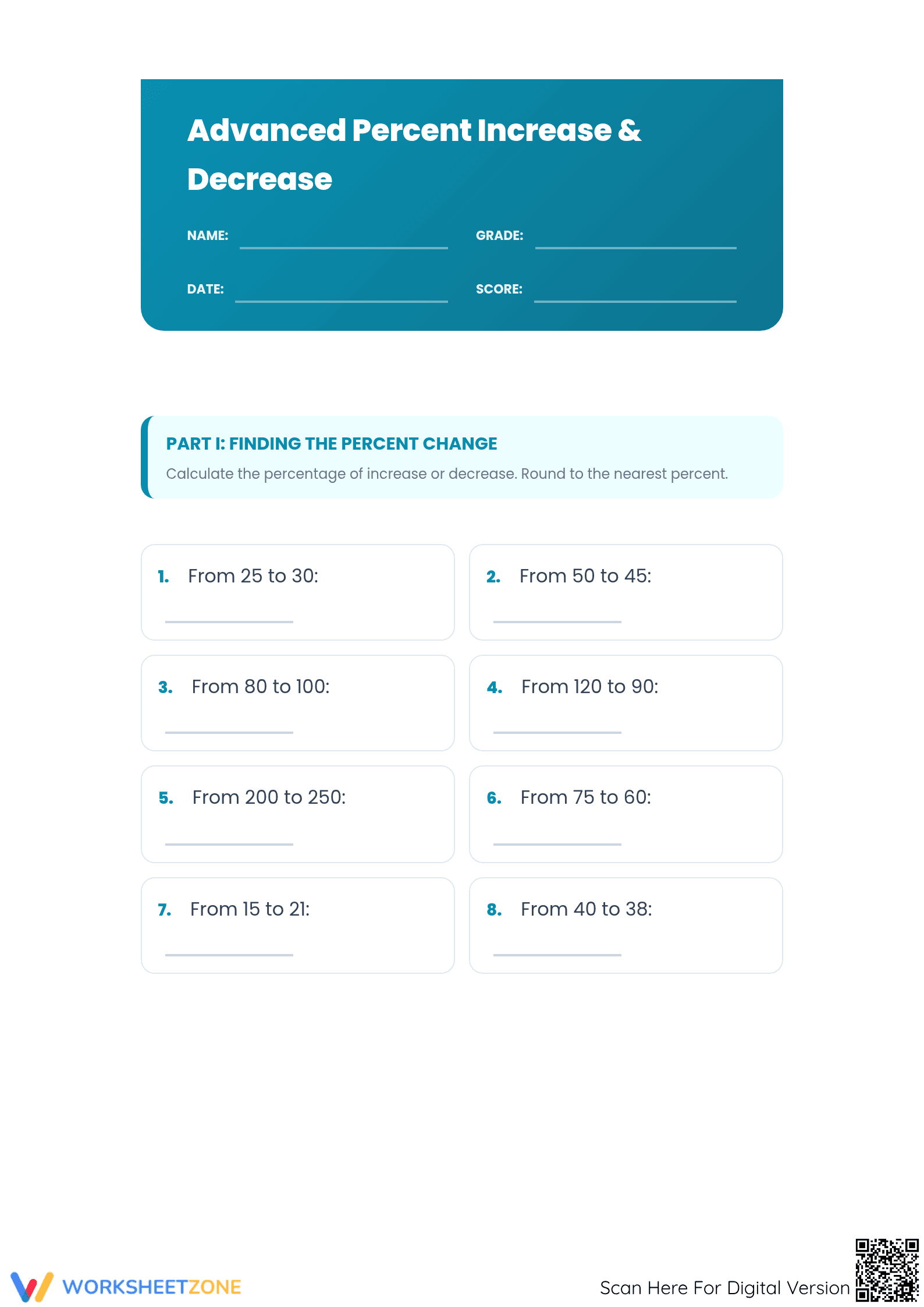 Advanced Percent Increase and Decrease Printable Worksheet - Page 1