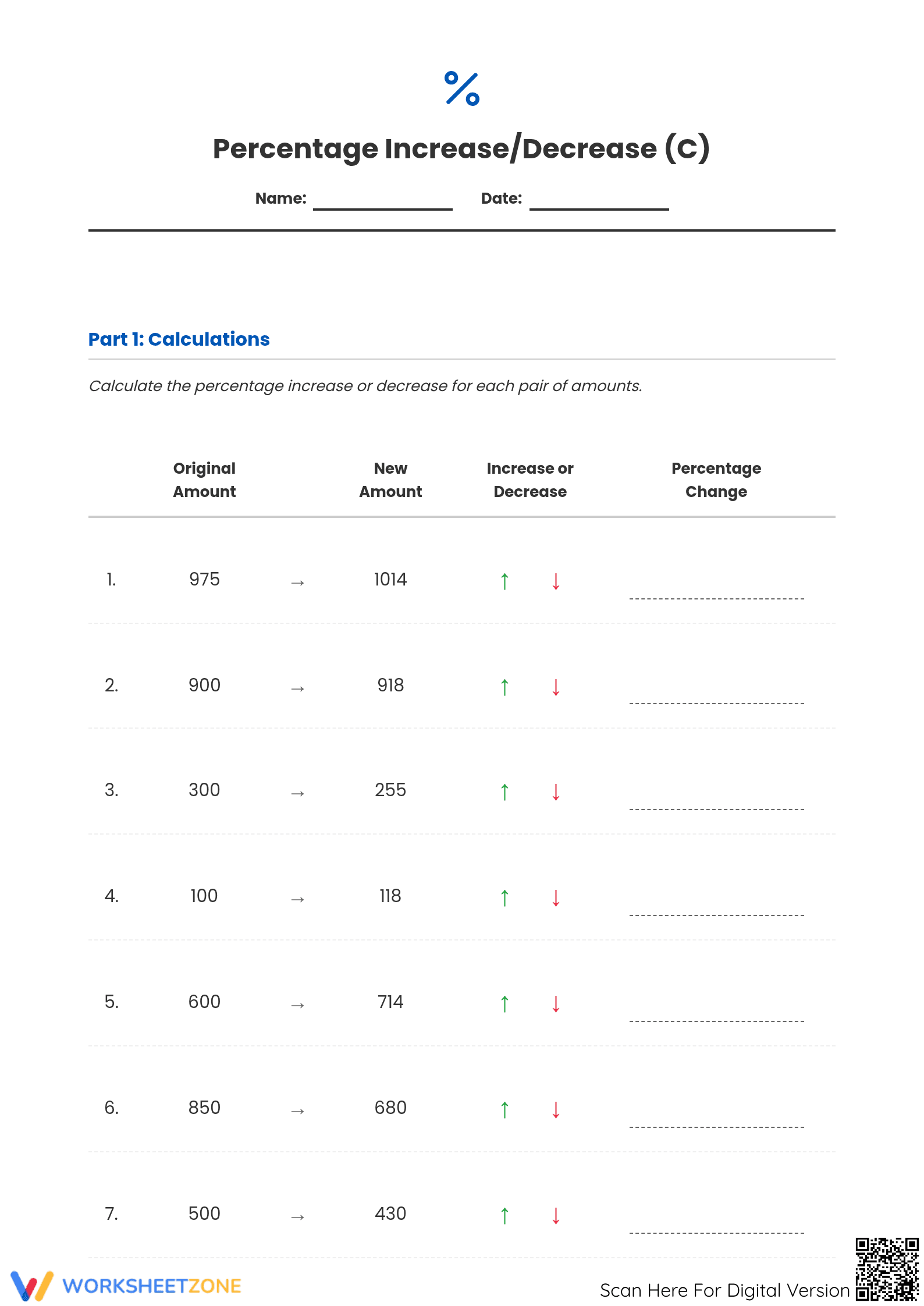 Essential Percent Increase/Decrease Worksheet | Grade 7 Math - Page 1