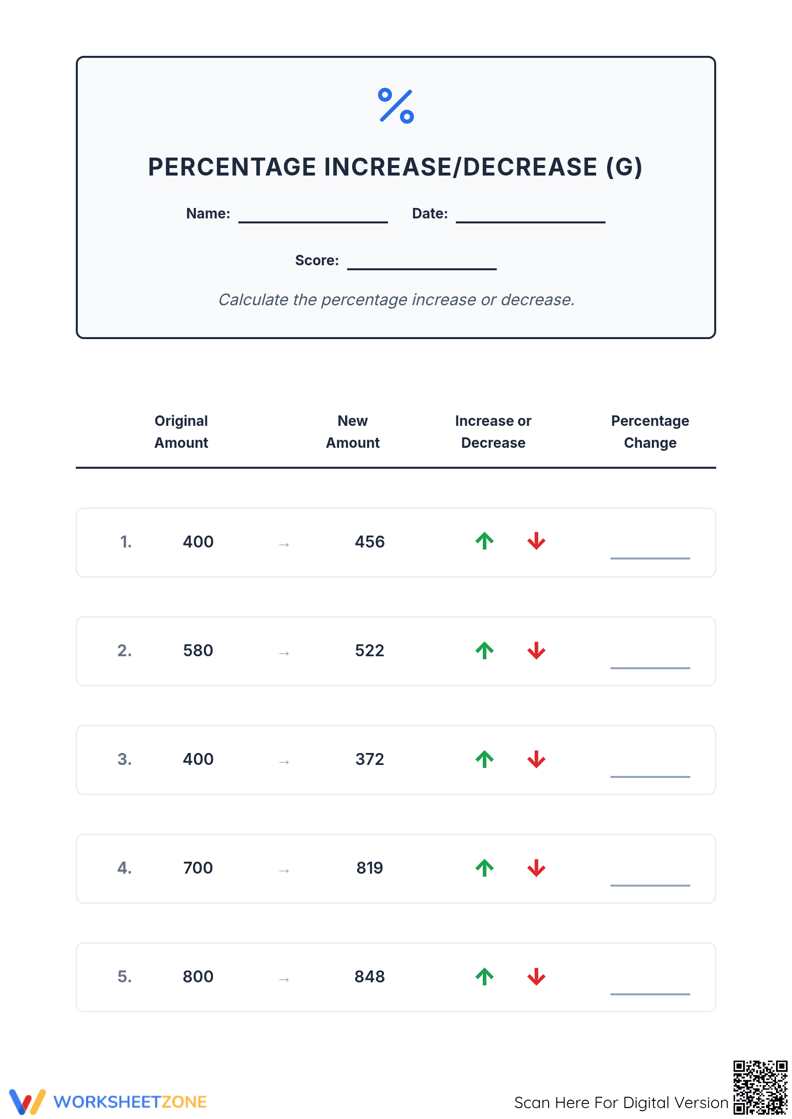Printable Percent Increase and Decrease Worksheet | Grade 7 - Page 1