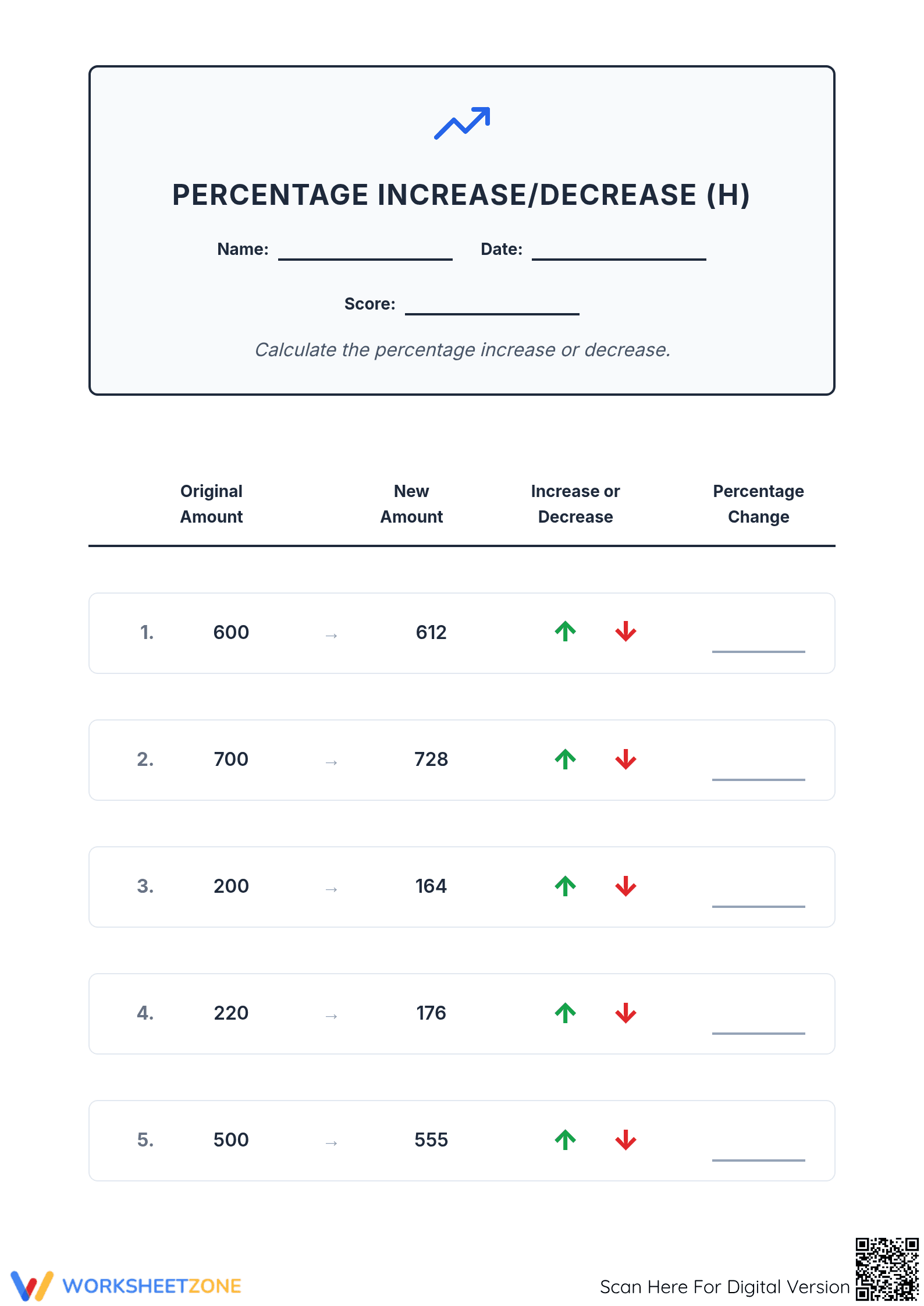 Essential Percent Increase and Decrease Worksheet | Grade 7 - Page 1