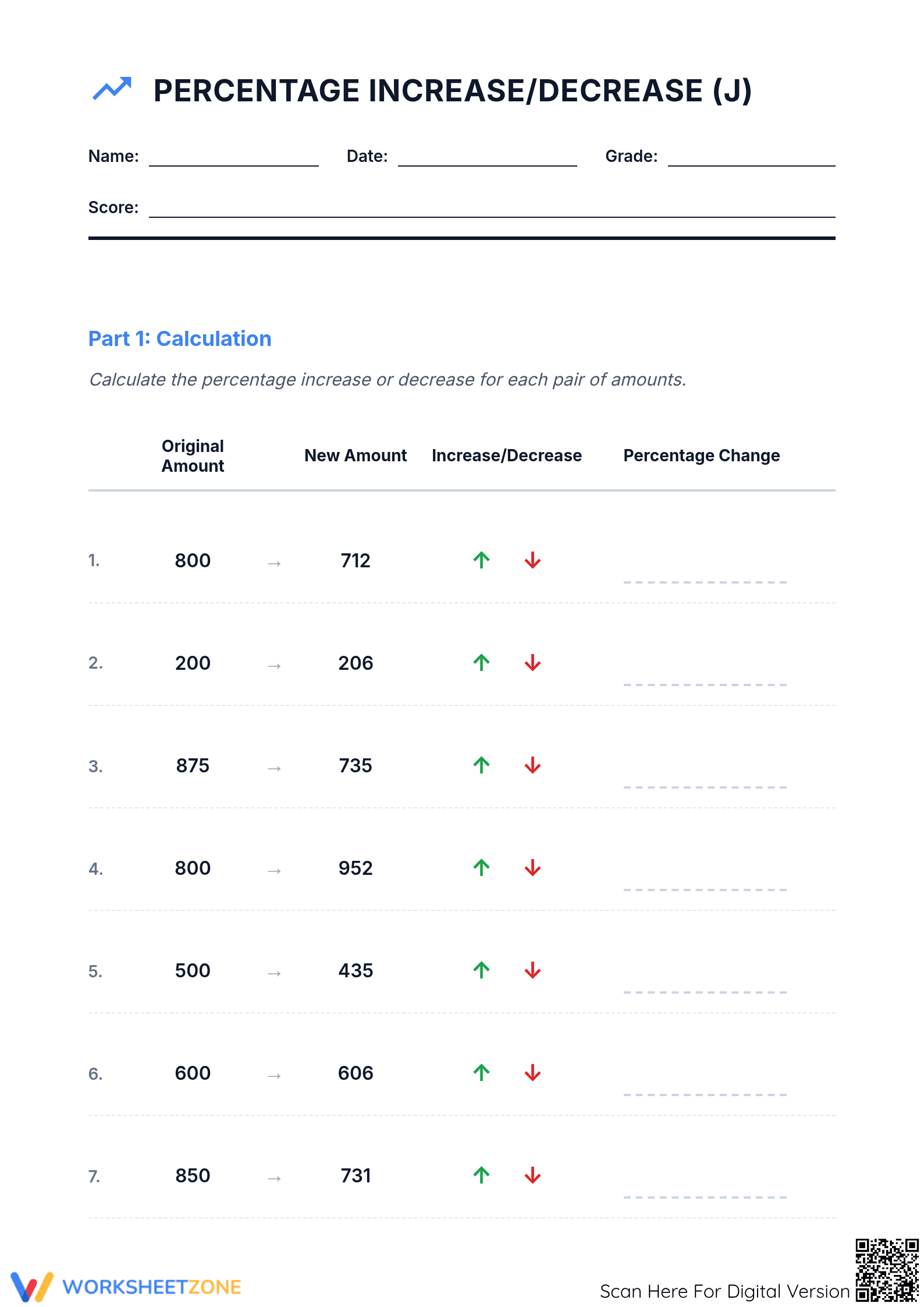 Printable Percent Increase and Decrease Worksheet | Grade 7 - Page 1