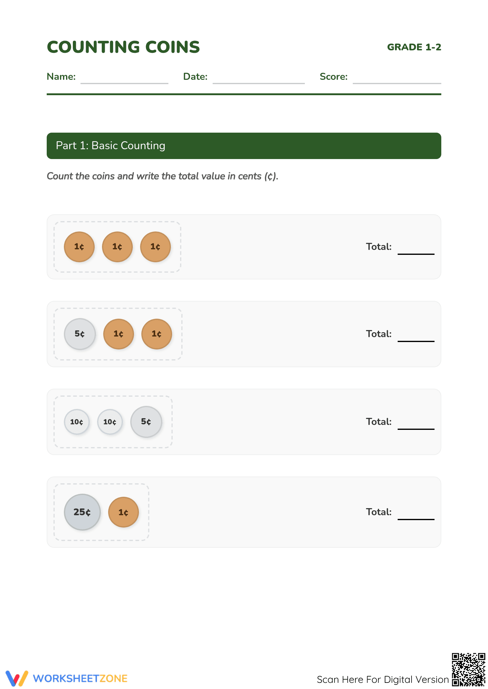Printable Counting Coins Worksheet | Grade 2 Math - Page 1