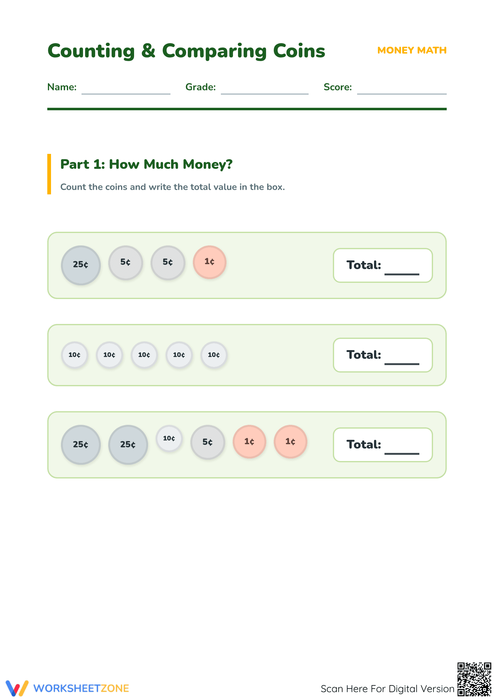Printable Counting and Comparing Coins for Grade 2 Math - Page 1