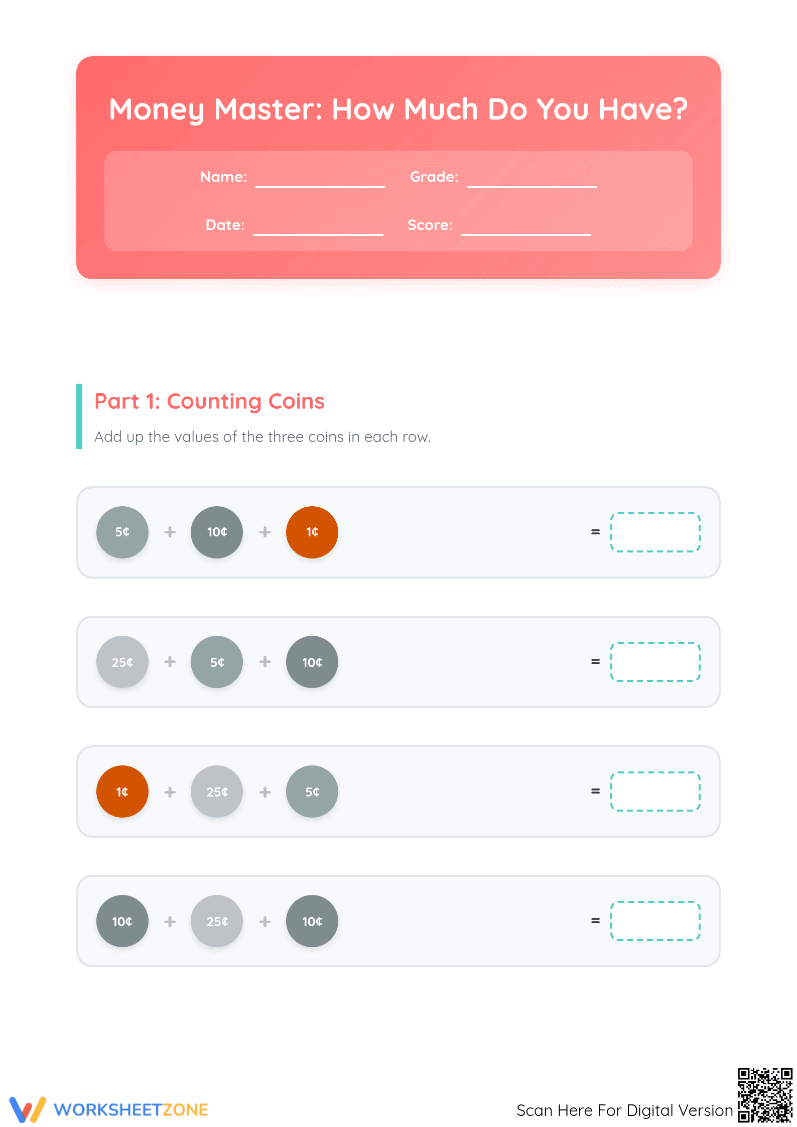 Printable Counting Coins Worksheet | Grade 2 Math - Page 1