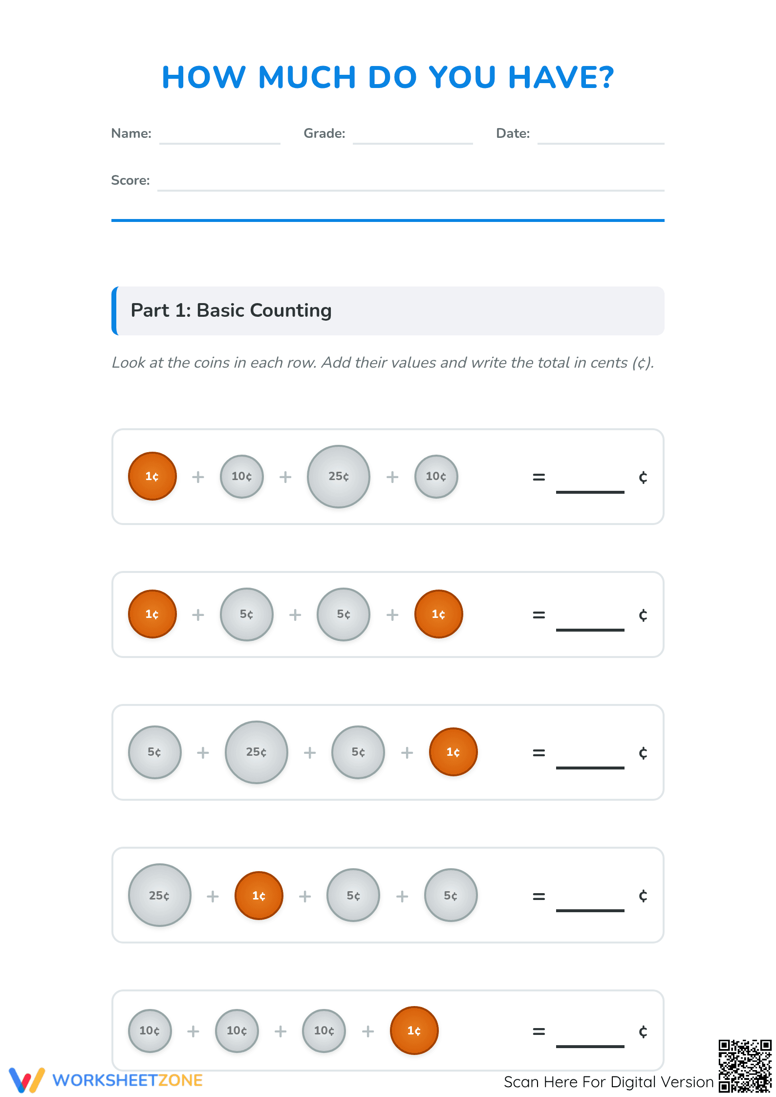 Printable Counting Coins Worksheet | Grade 2 Essential - Page 1