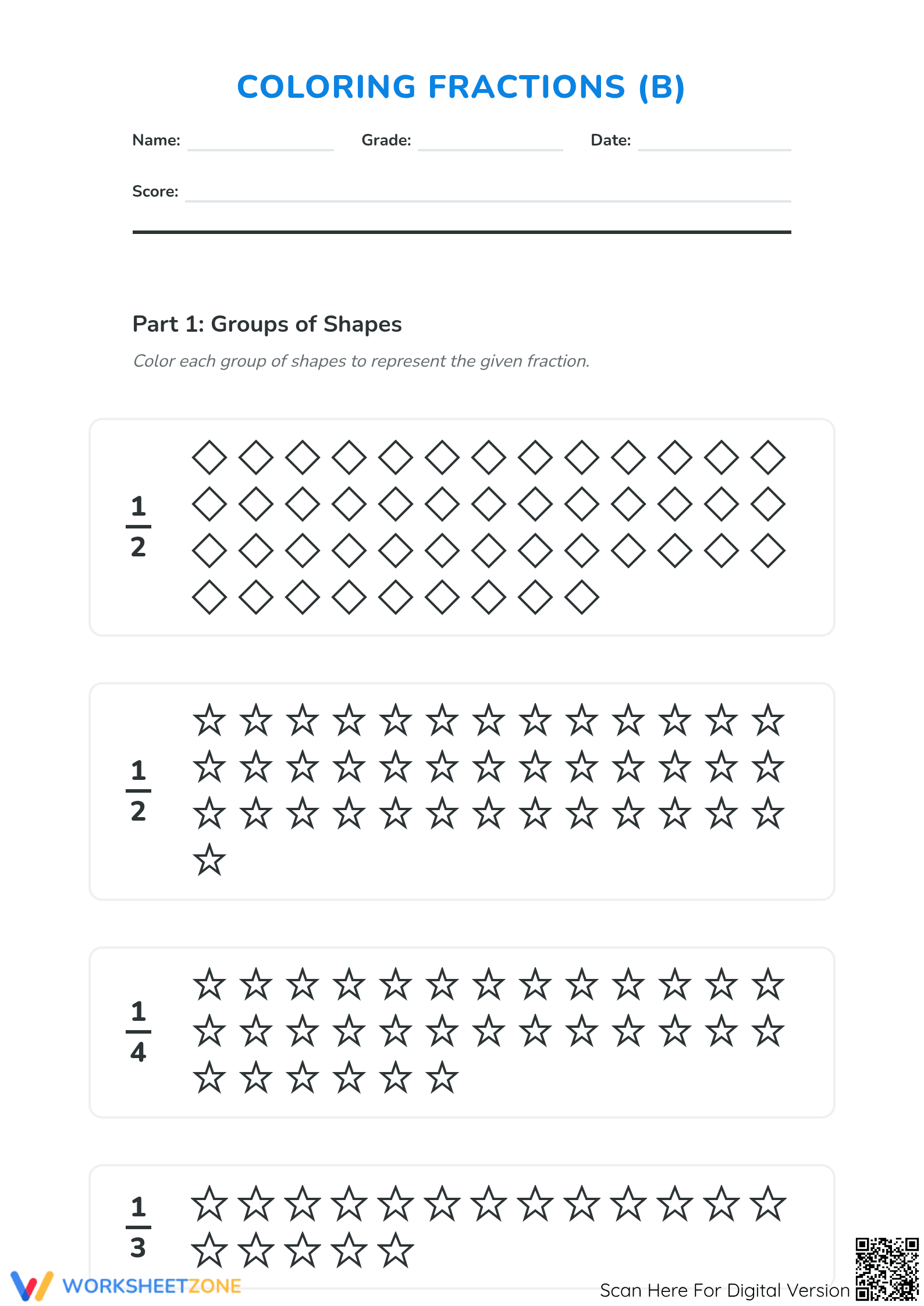Essential Modeling Fractions with Groups of Shapes Worksheet - Page 1