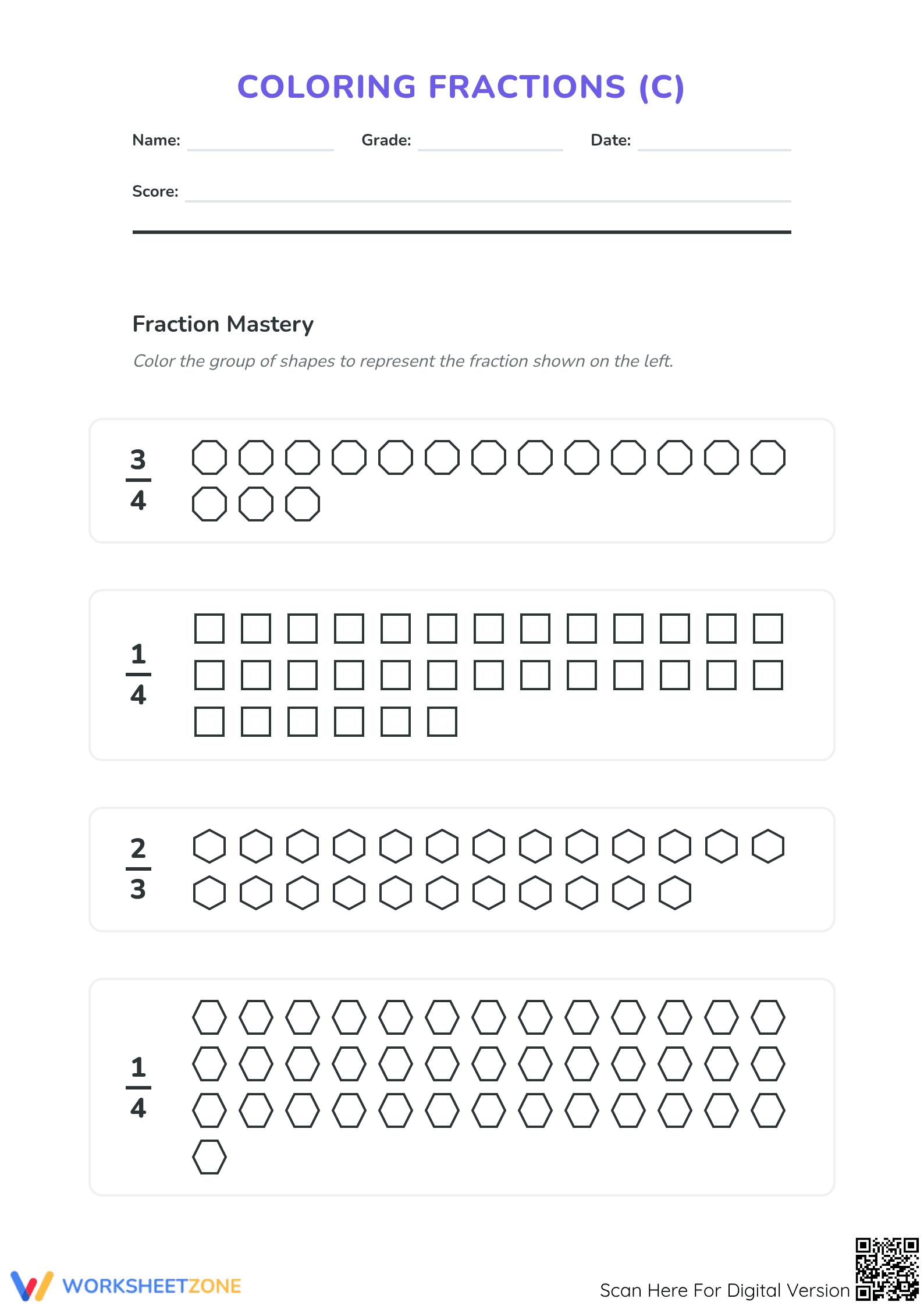 Printable Worksheet: Modeling Fractions with Shapes | Grades 3-5 - Page 1