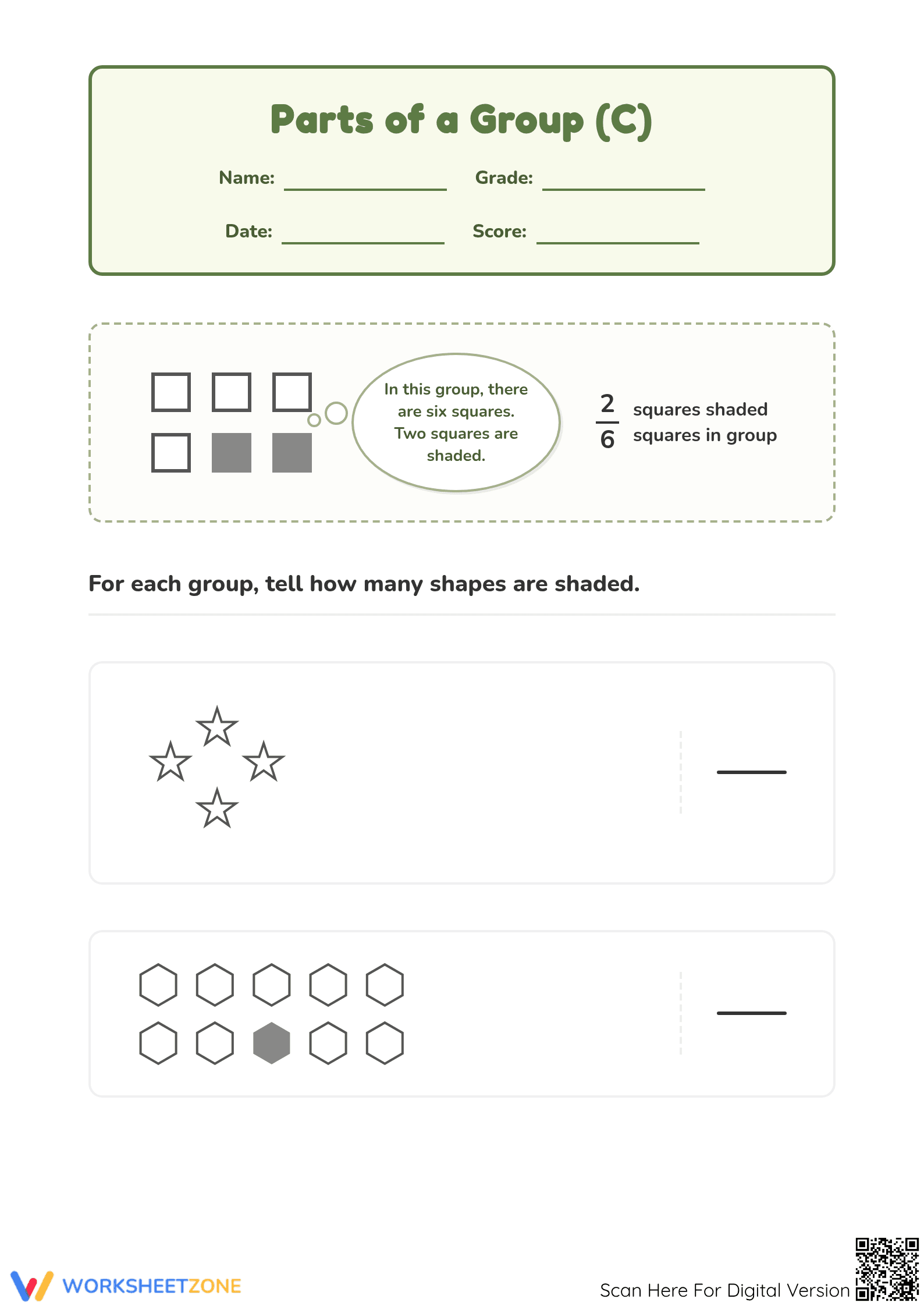 Printable Fractions as Parts of a Group Worksheet | Grade 3 - Page 1