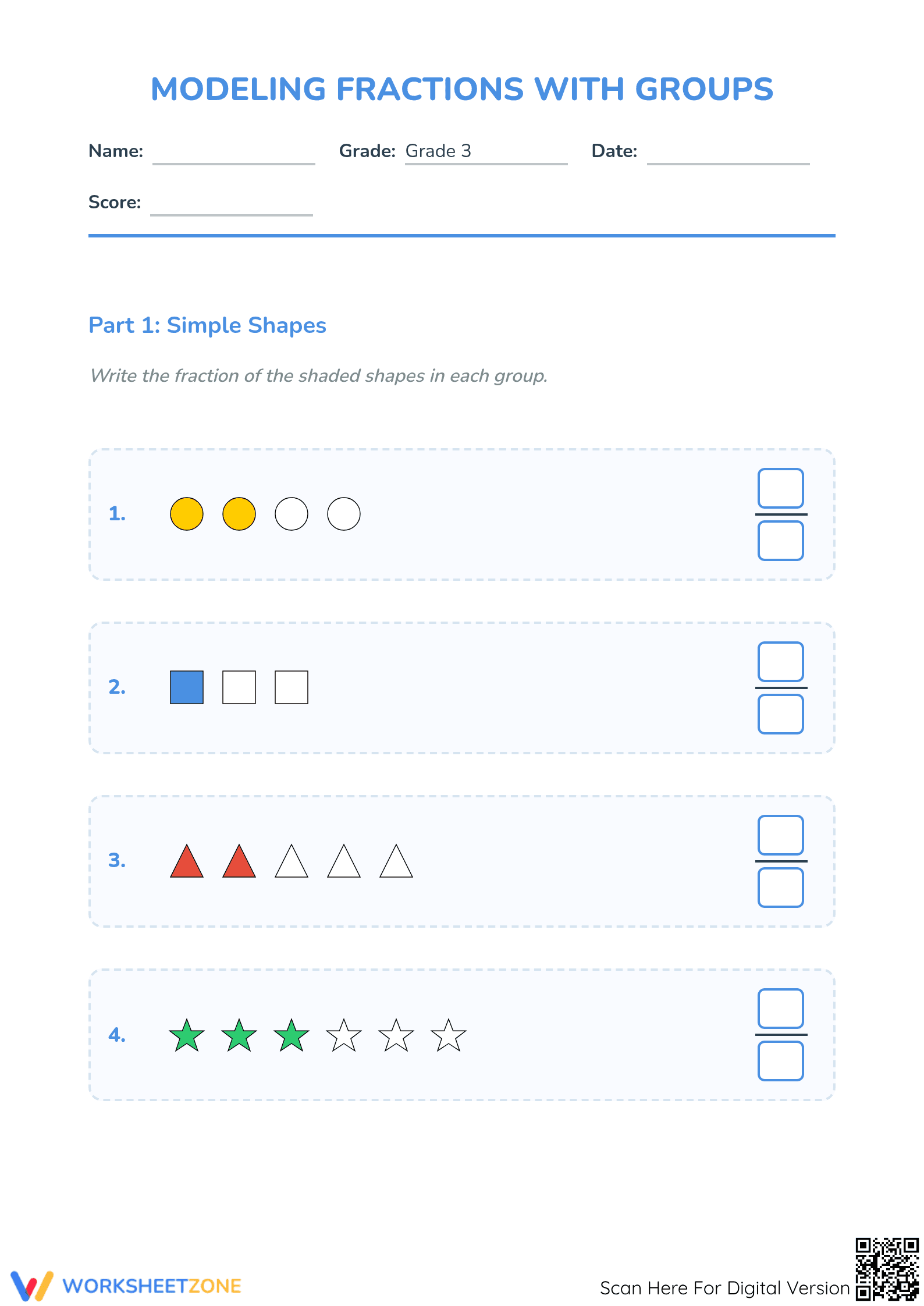 Printable Grade 3: Modeling Fractions with Shapes - Page 1