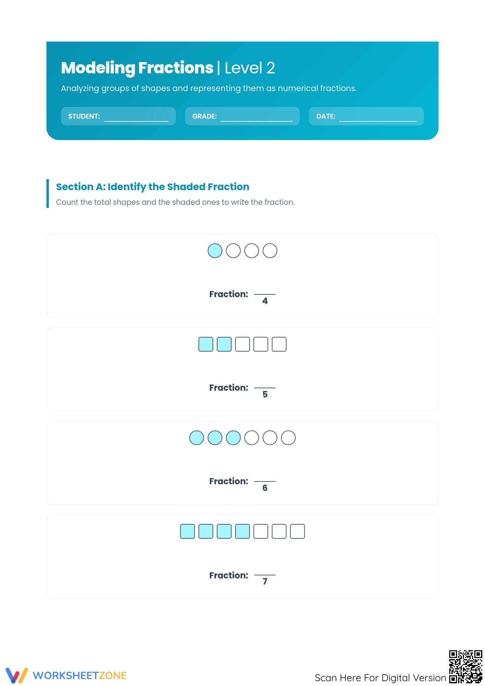Modeling Fractions Worksheet | Grade 3-5 Printable Math - Page 1