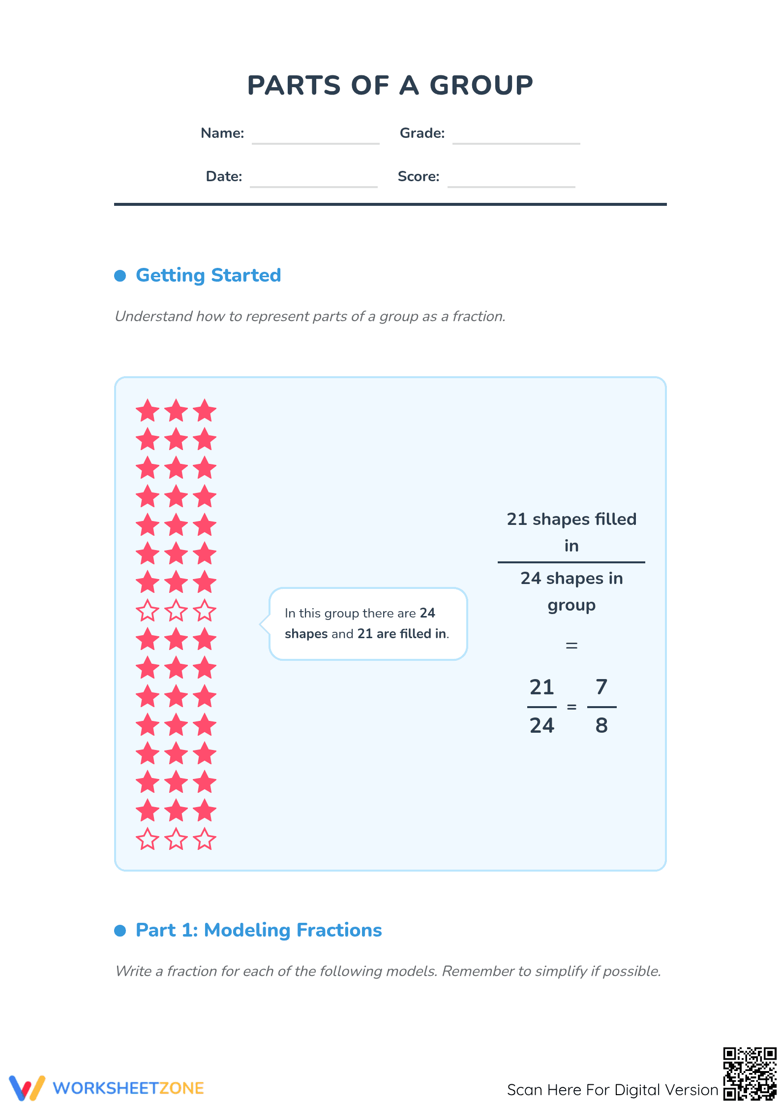 Printable Modeling Fractions with Shapes - Grade 3 Aligned - Page 1