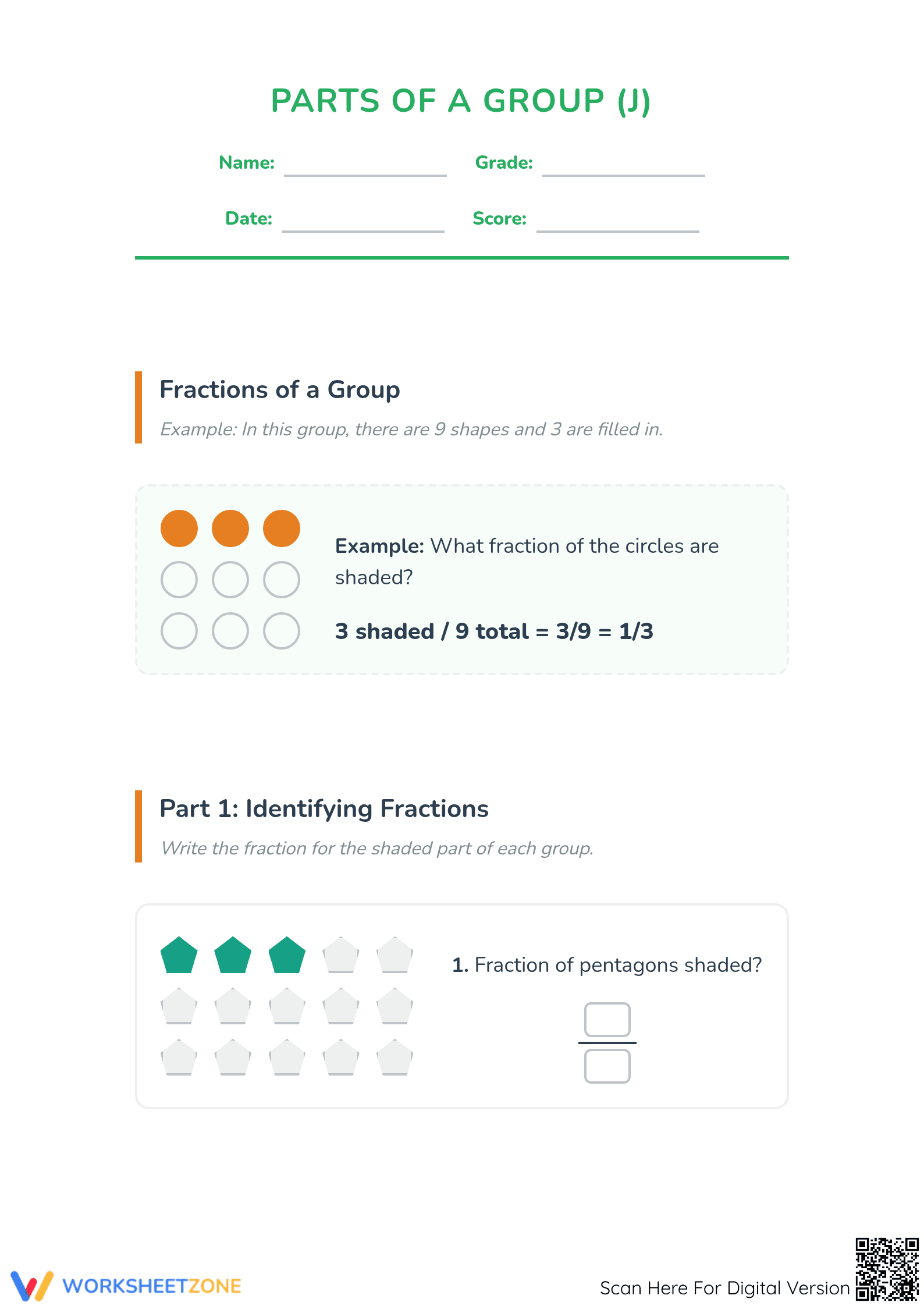 Printable Modeling Fractions with Groups Worksheet | Grade 3 - Page 1