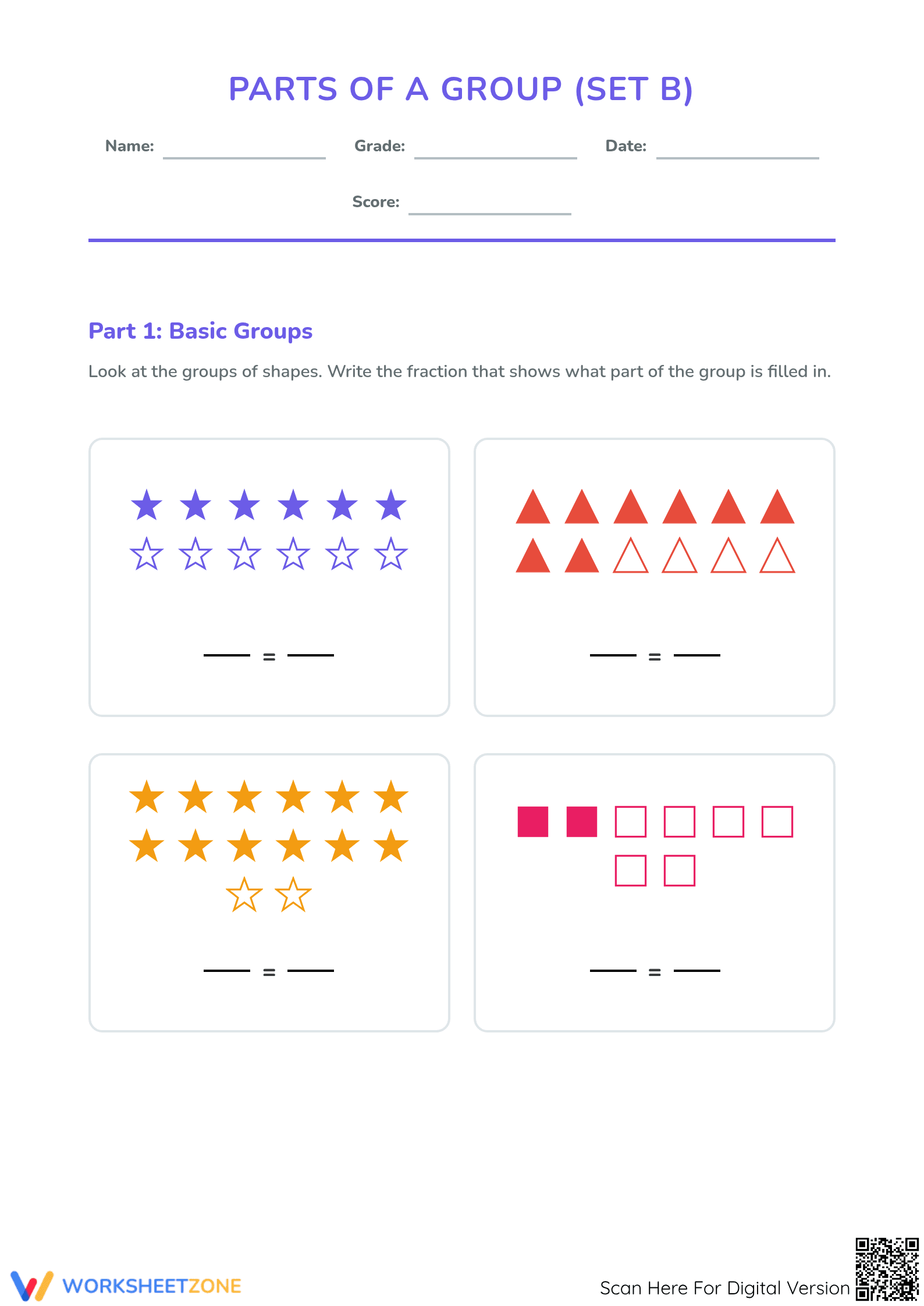 Modeling Fractions: Parts of a Group Printable Worksheet - Page 1