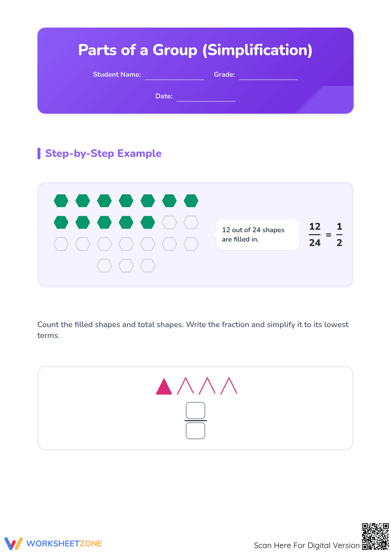 Printable Modeling Fractions and Simplification Worksheet - Page 1