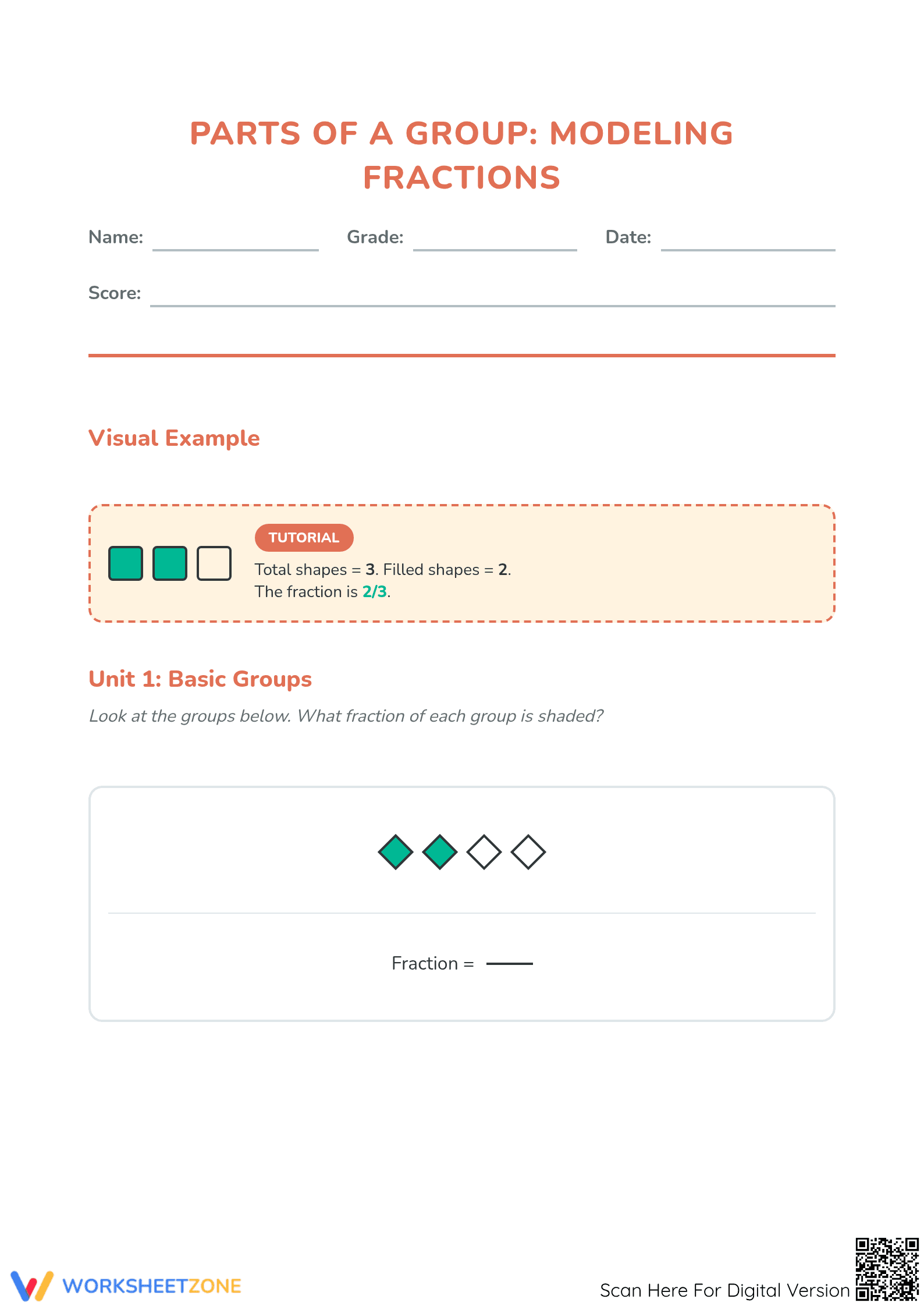Modeling Fractions Worksheet | Printable Grade 3 Math - Page 1