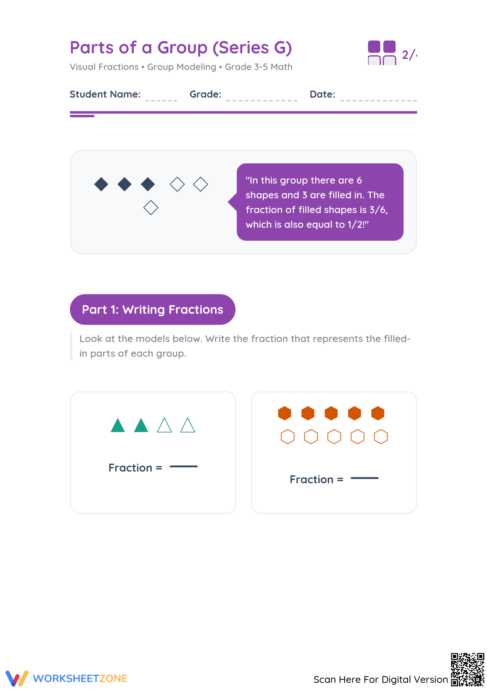 Printable Parts of a Group Fraction Worksheet | Grades 3-5 - Page 1