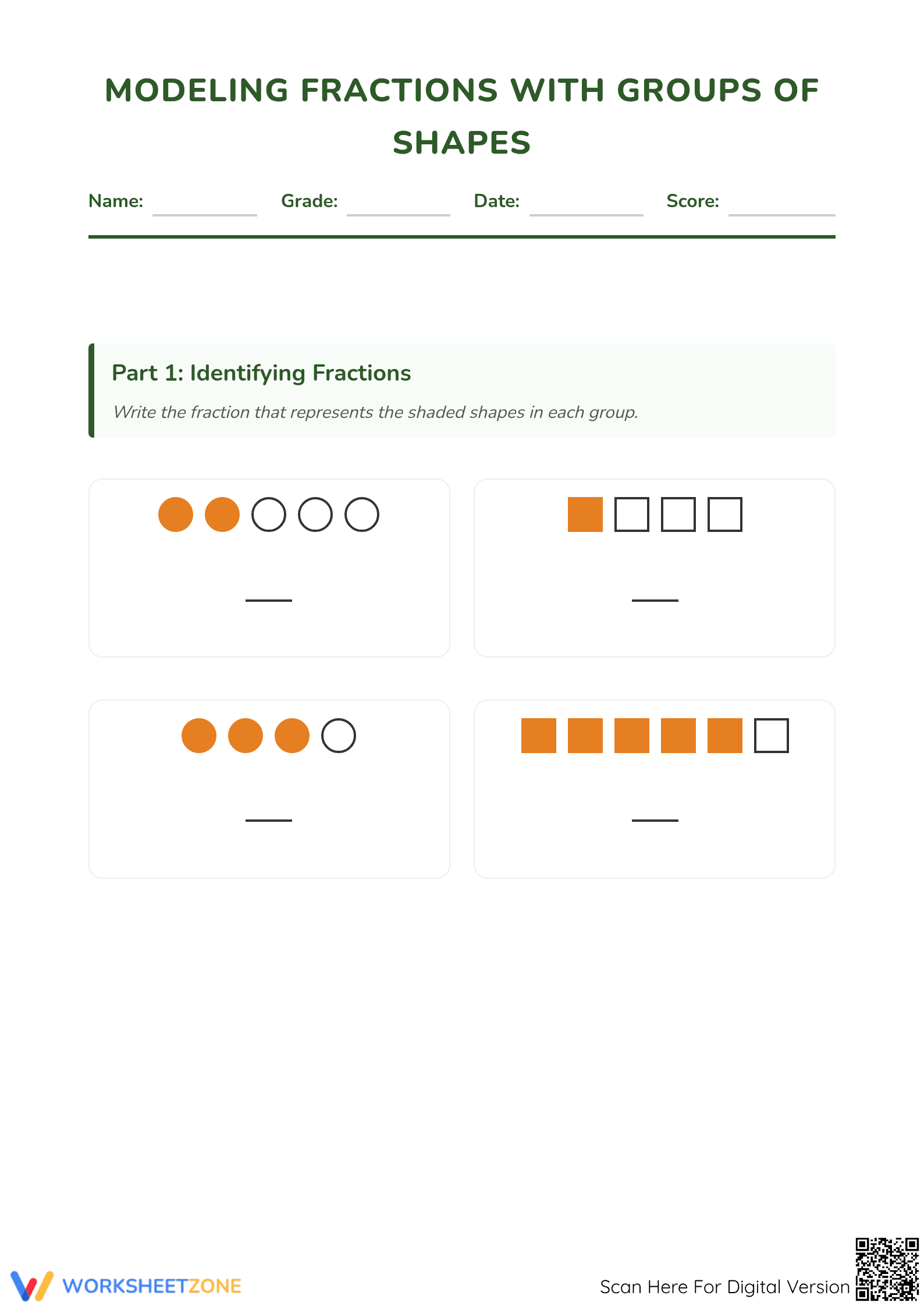 Essential Modeling Fractions with Groups of Shapes | Grade 3 - Page 1