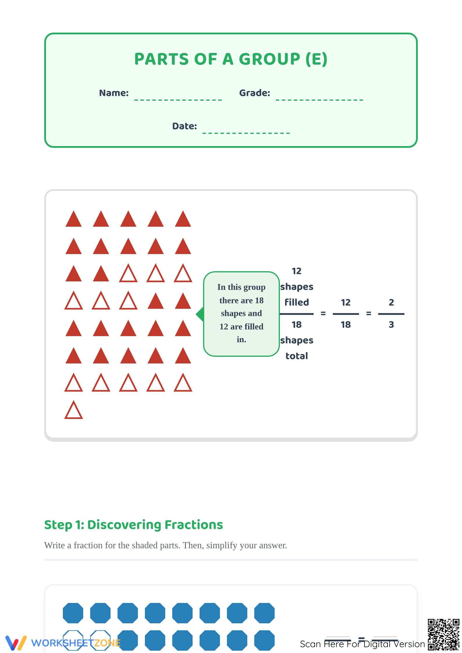 Printable Modeling Fractions with Groups of Shapes Worksheet - Page 1