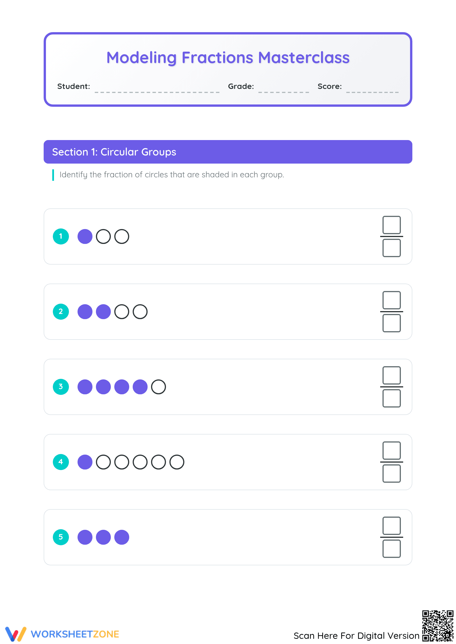 Printable Modeling Fractions with Groups of Shapes Worksheet - Page 1