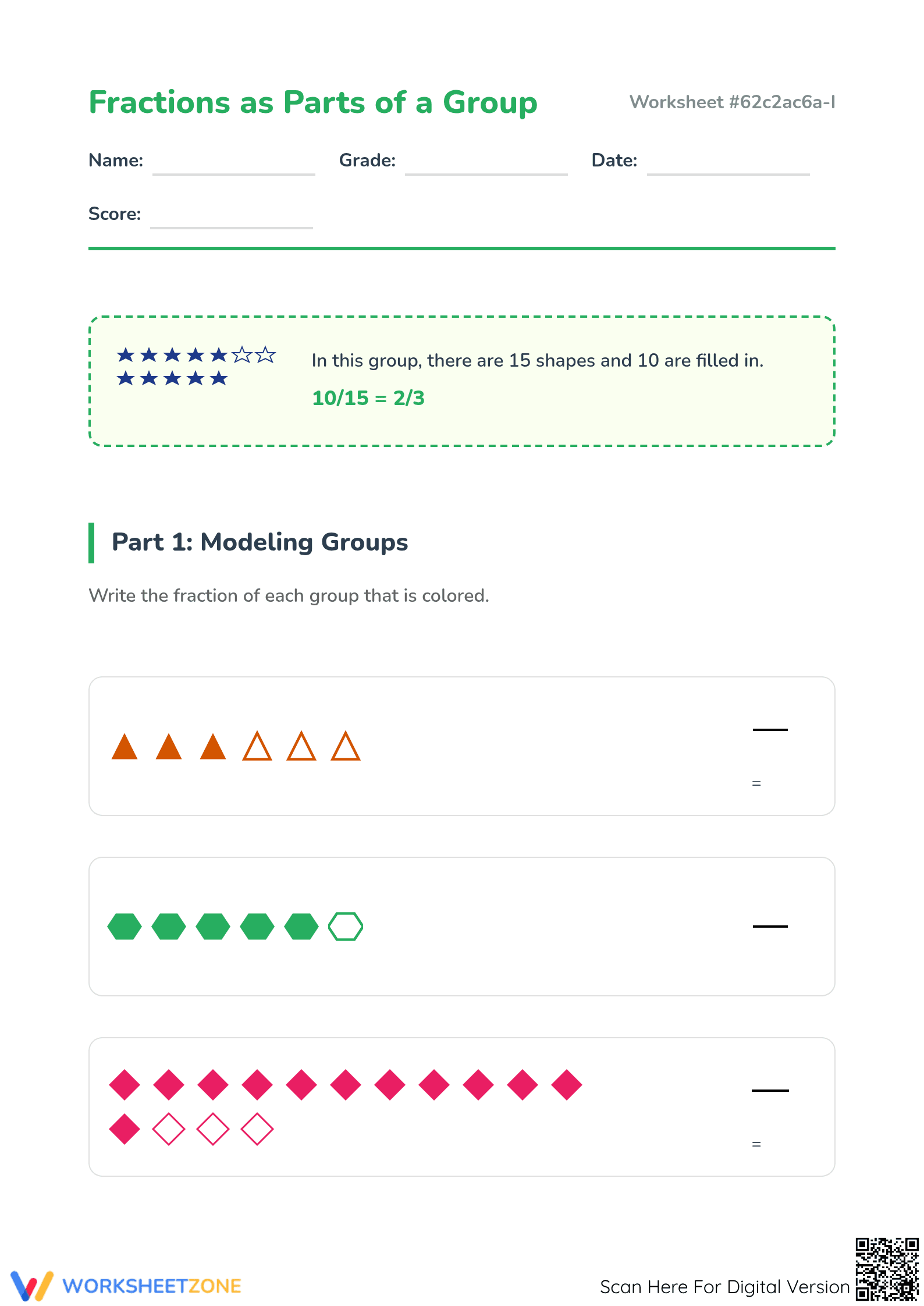 Printable Modeling Fractions of a Group Worksheet | Grade 3 - Page 1