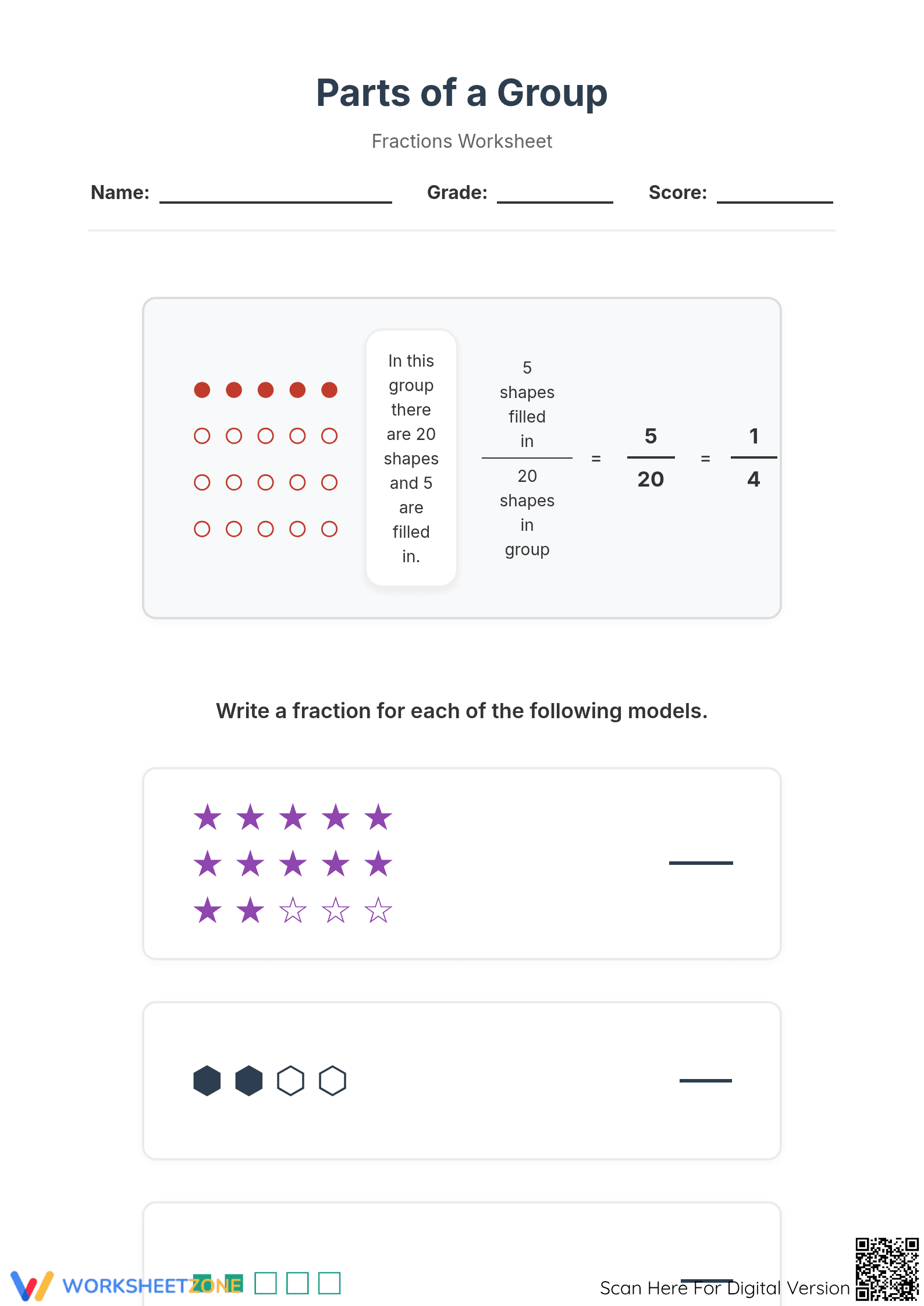 Printable Modeling Fractions with Groups of Shapes | Grade 3 - Page 1