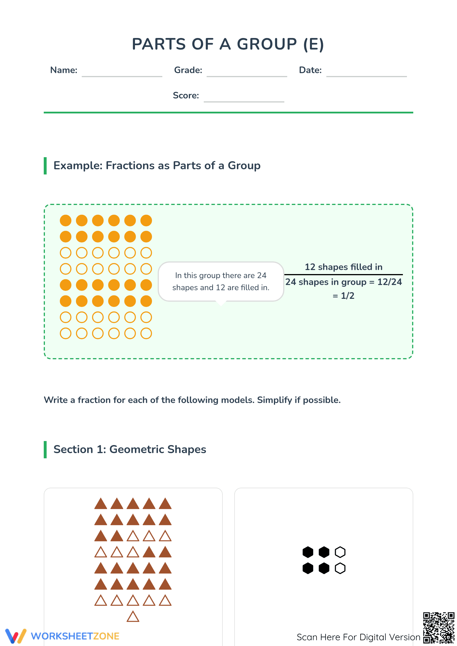Printable Fractions of a Group Worksheet | Grade 3 Math - Page 1
