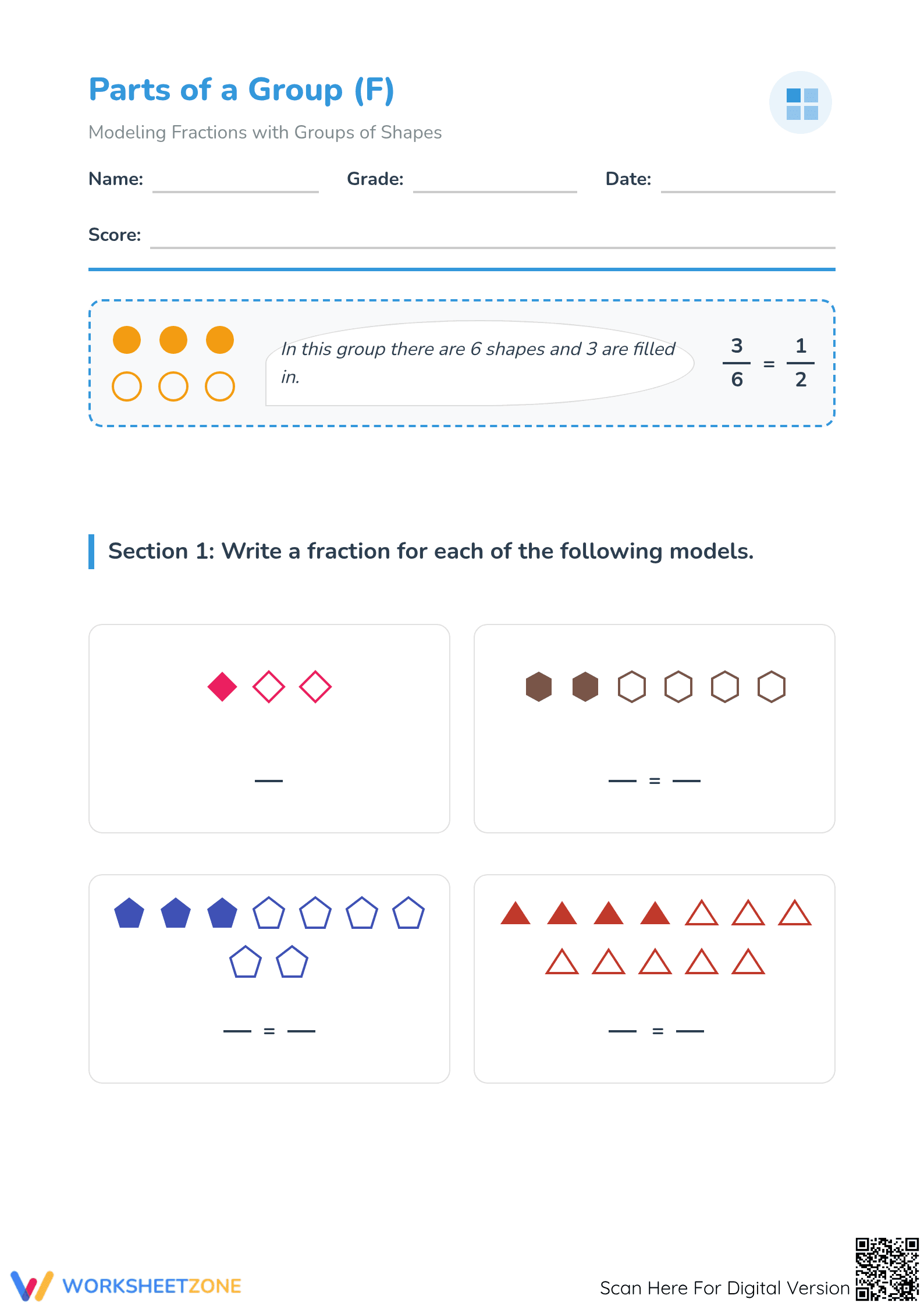 Printable Modeling Fractions with Groups of Shapes Worksheet - Page 1
