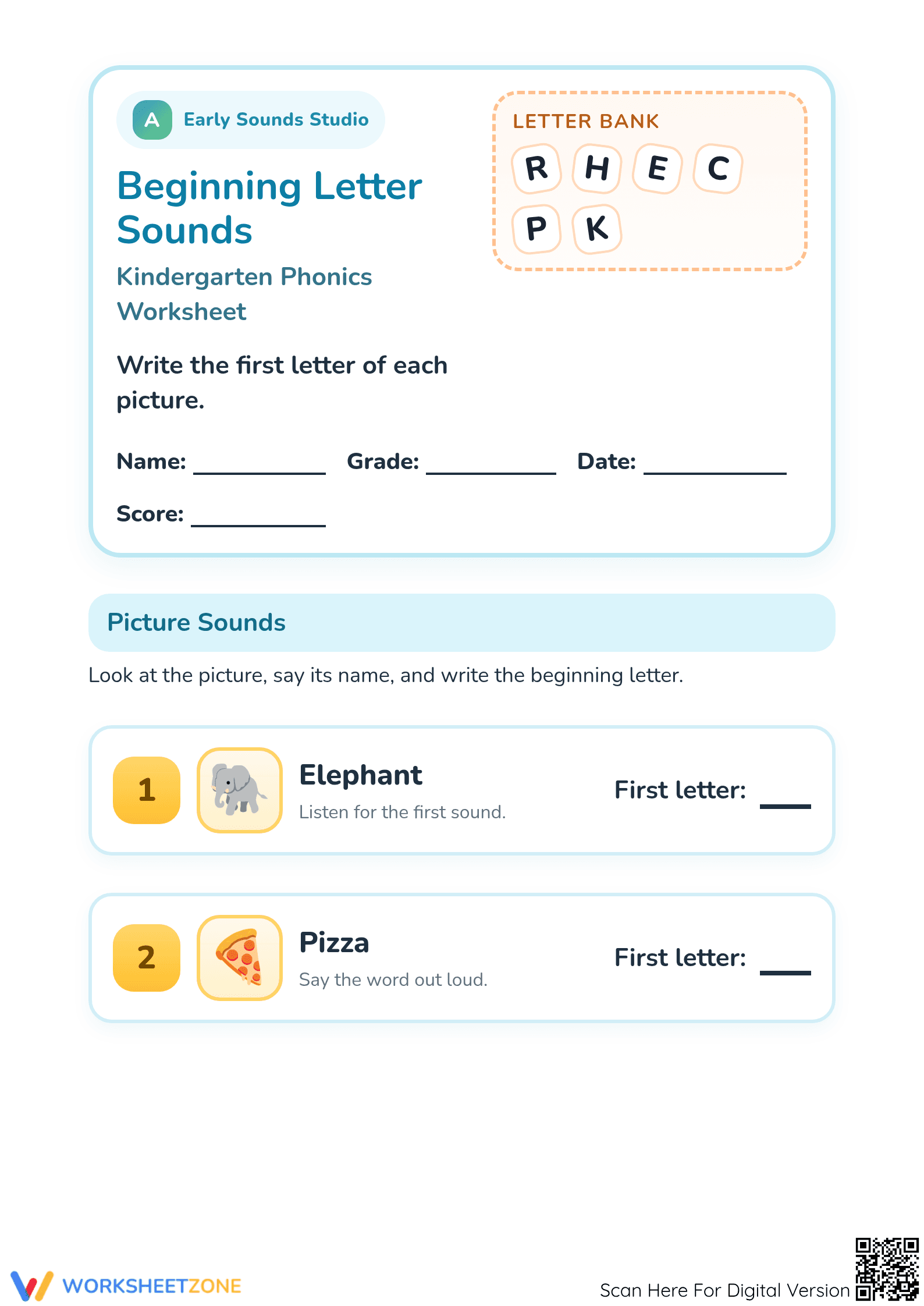 Printable Beginning Letter Sounds Worksheet | Grade K Ready - Page 1