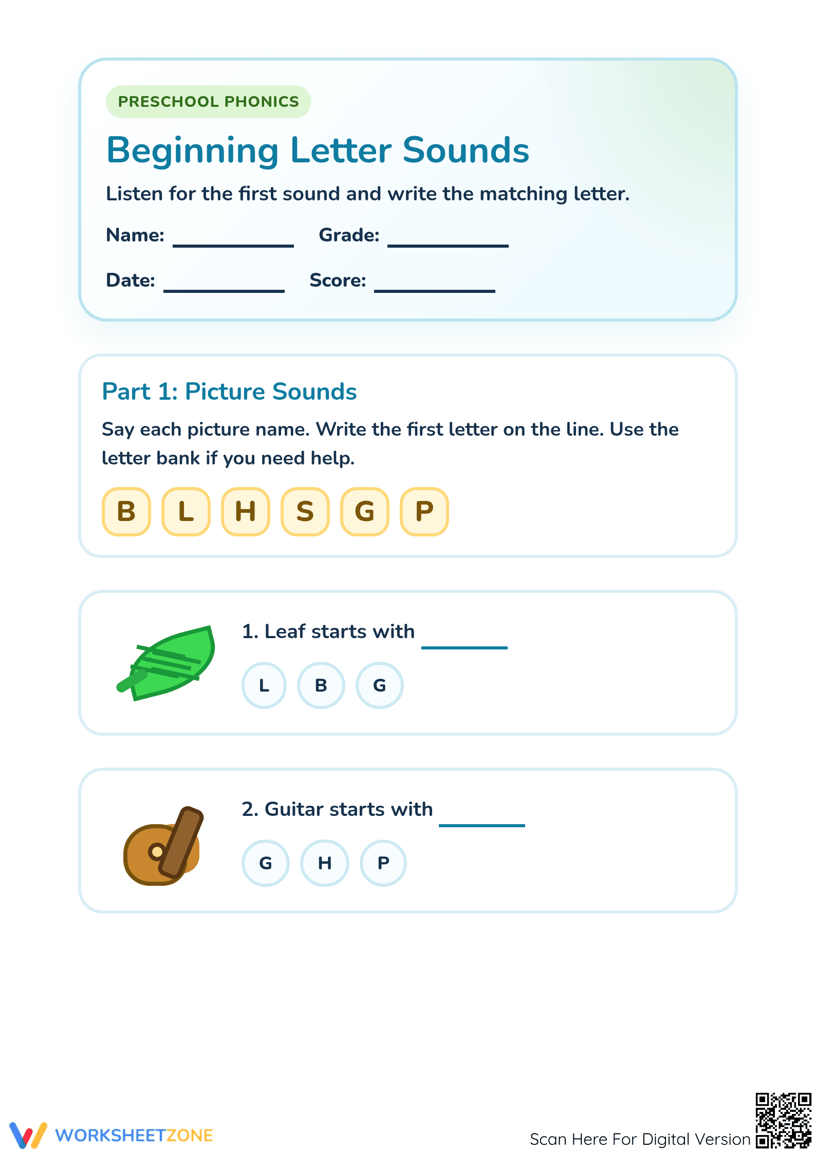Printable Beginning Letter Sounds Worksheet | Preschool ELA - Page 1