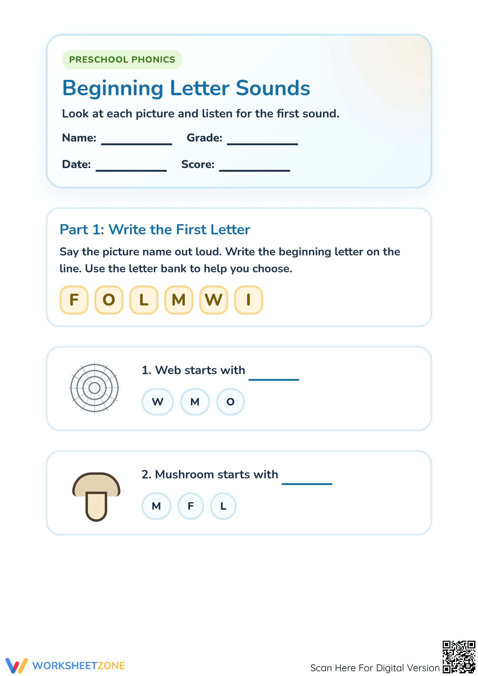 Printable Beginning Letter Sounds Worksheet | Preschool ELA - Page 1