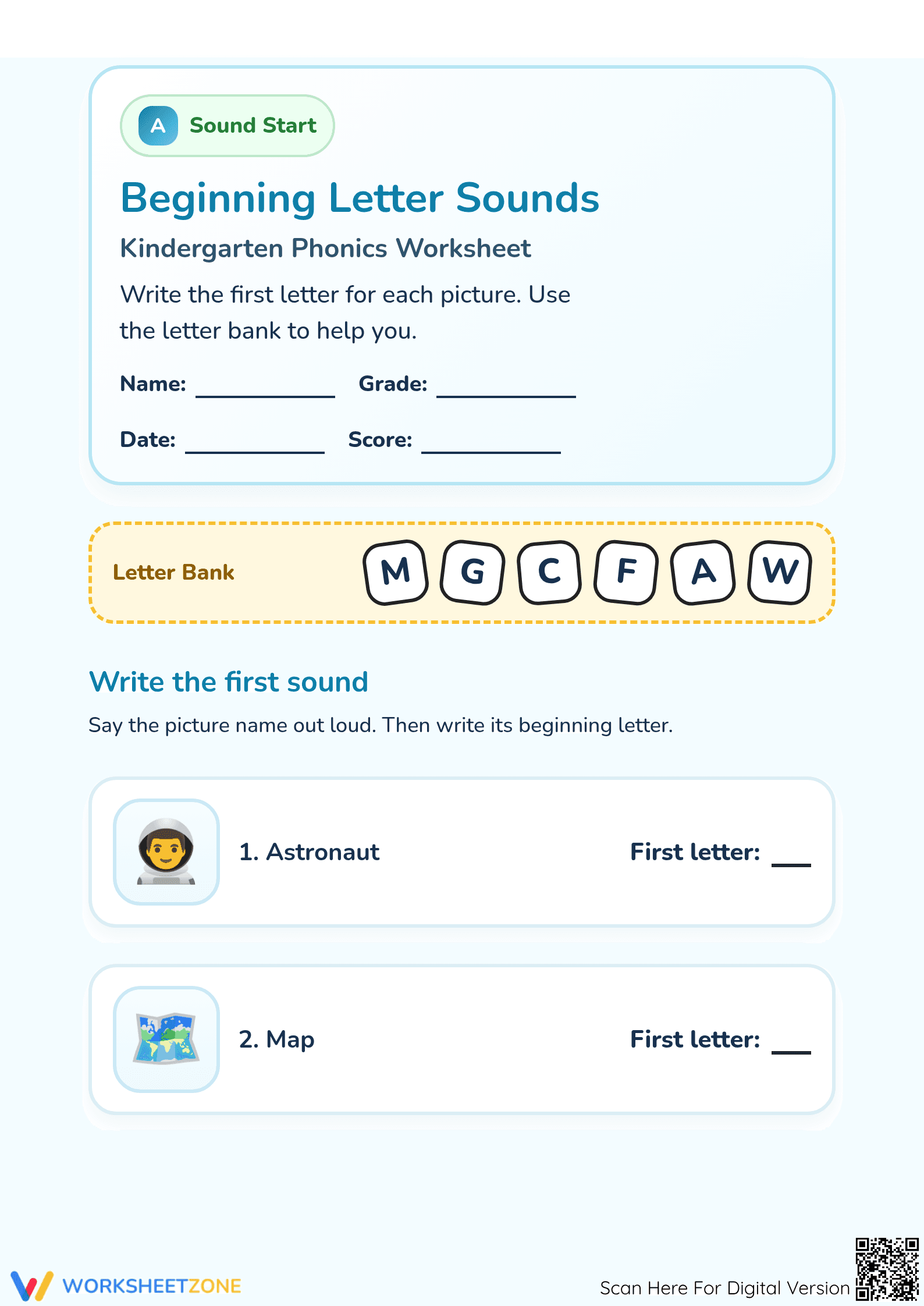 Printable Beginning Letter Sounds Worksheet: Preschool Phonics - Page 1