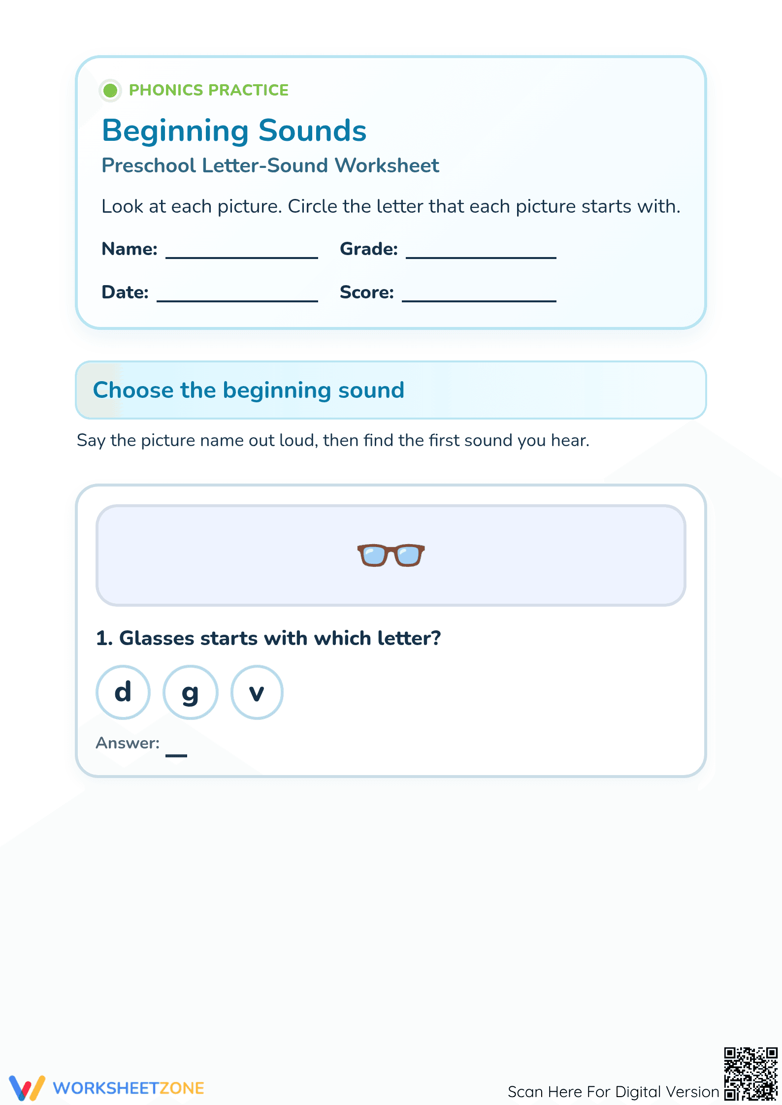 Printable Beginning Sounds Worksheet | Preschool ELA - Page 1