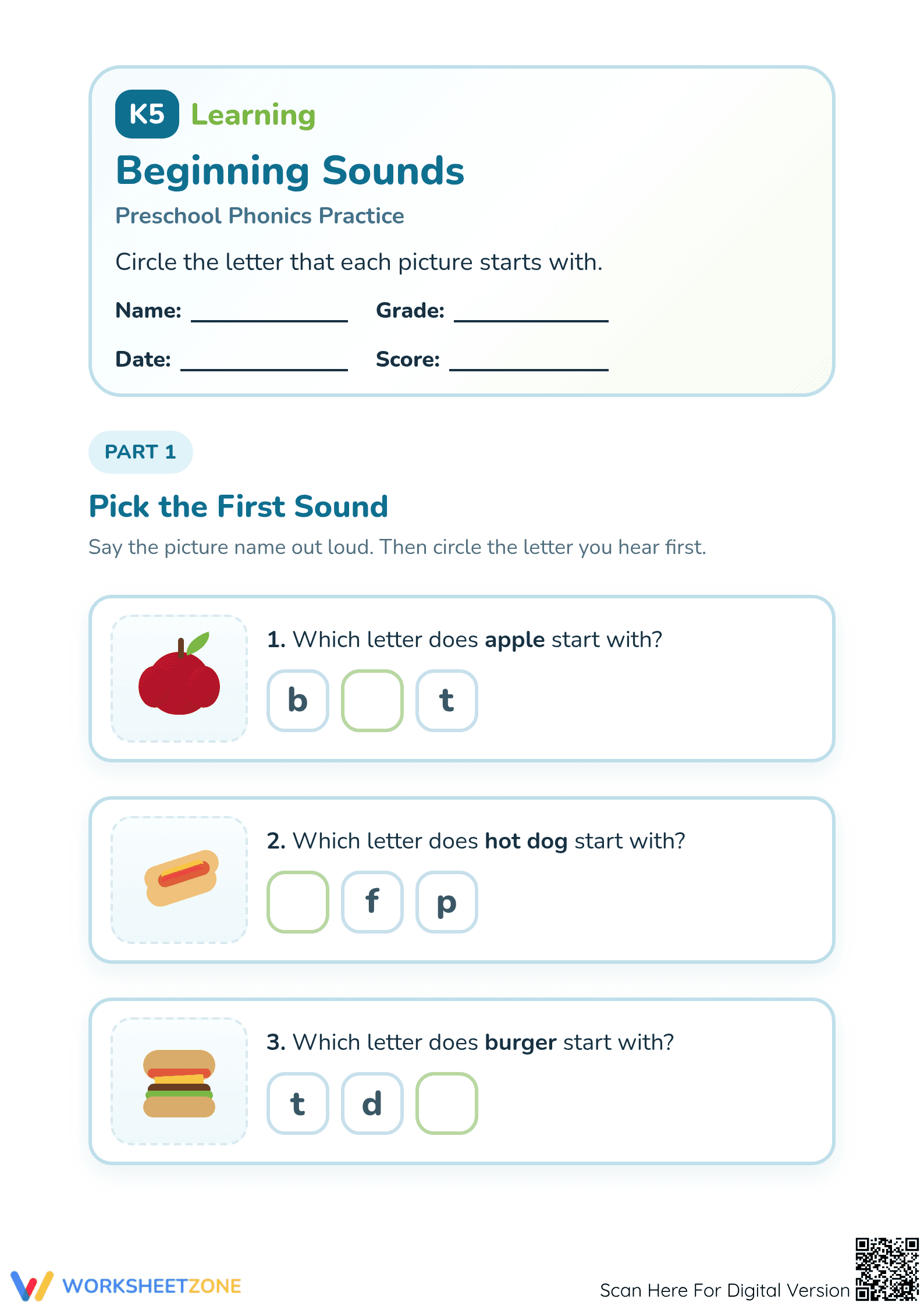 Printable Beginning Sounds Worksheet | Preschool Phonics - Page 1
