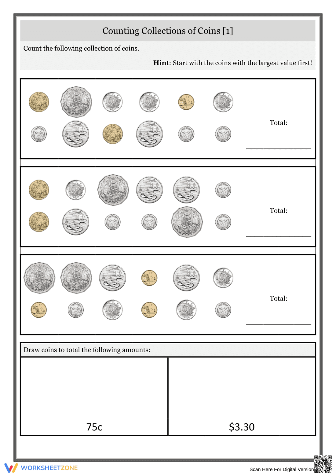 Practice Counting Collections of Coins - Page 1