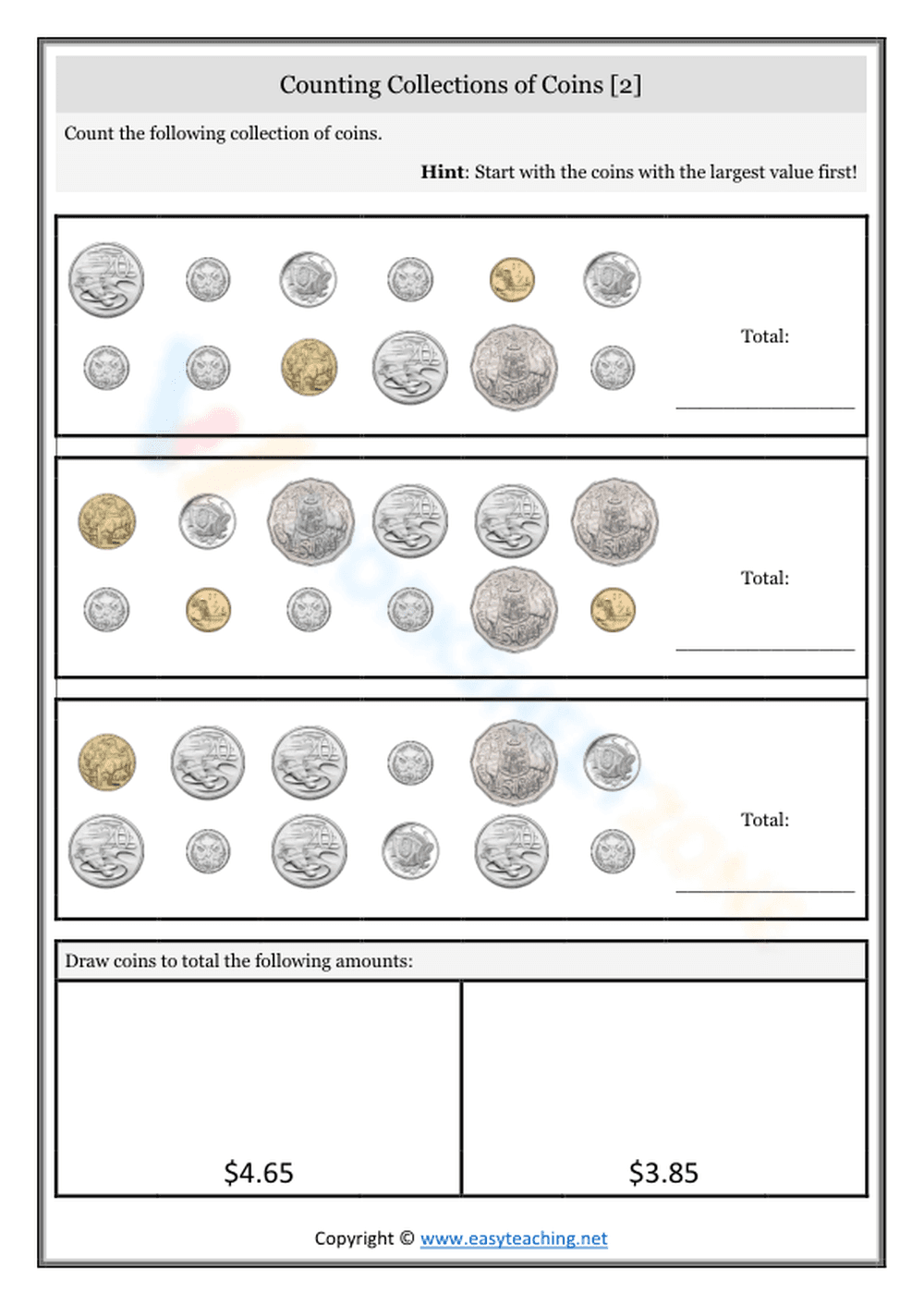 Counting Collections of Coins Practice - Page 1