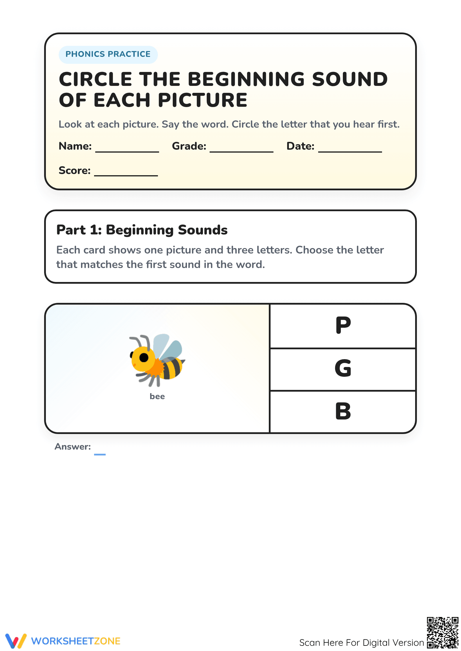 Grade K-1 Beginning Sounds — Printable No-Prep Worksheet - Page 1
