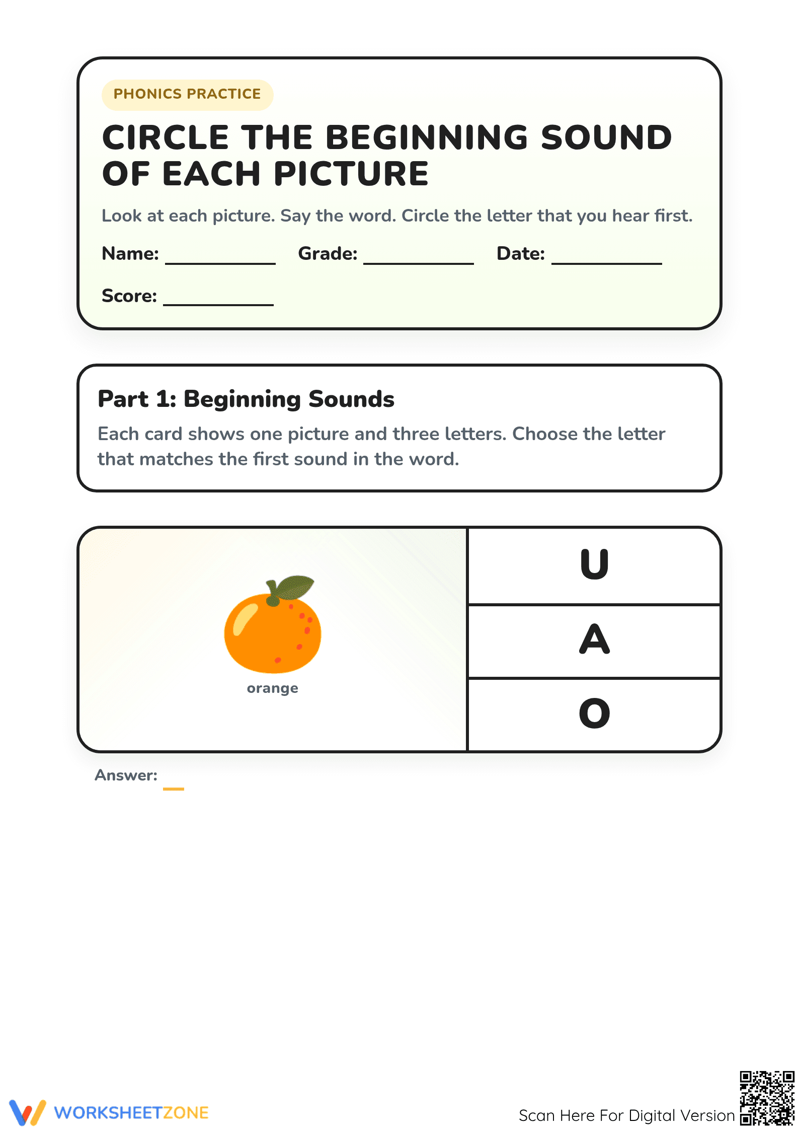 Printable Beginning Sounds Worksheet | Grade K-1 ELA - Page 1