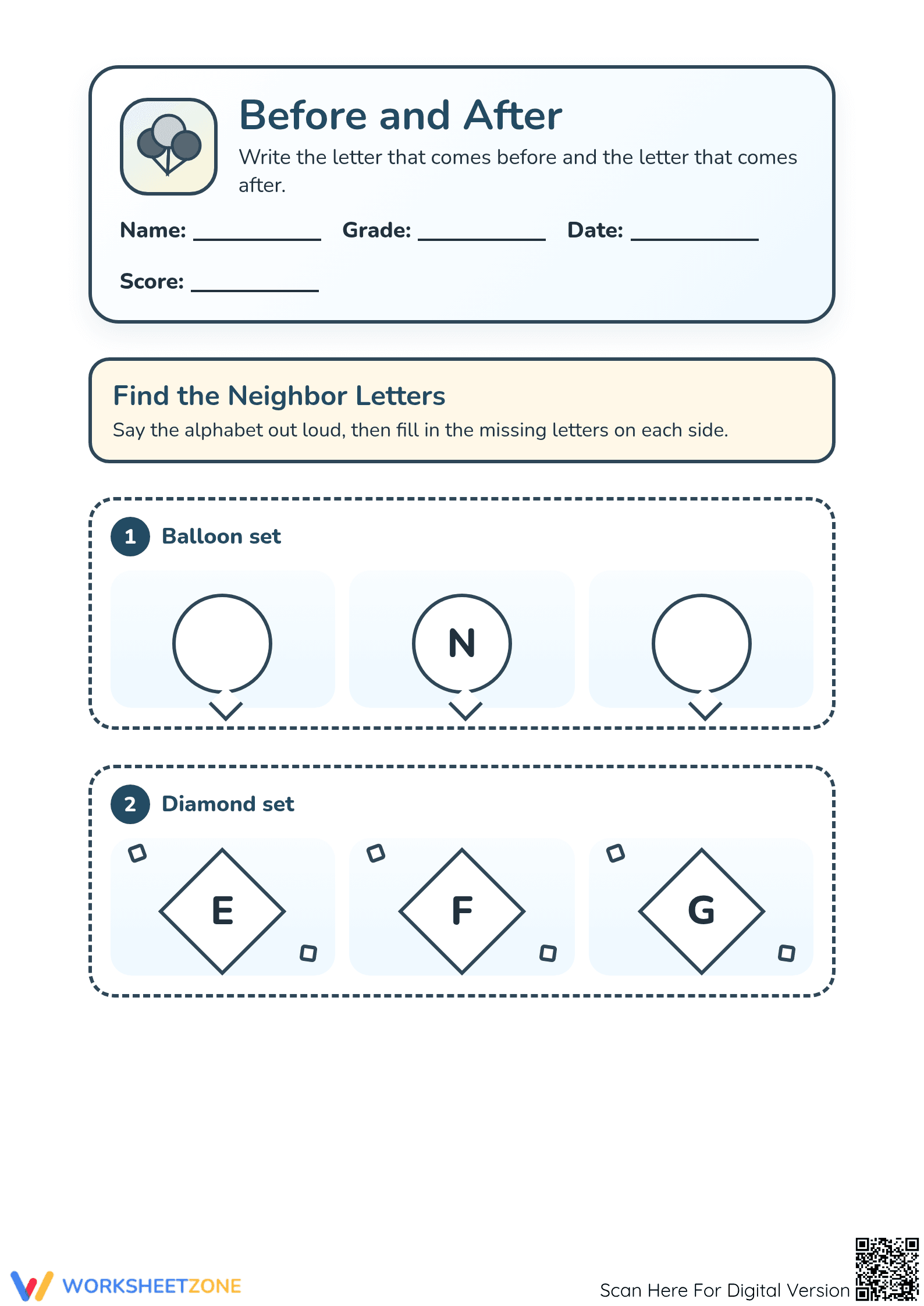 Printable Before and After Alphabet Worksheet | Preschool - Page 1