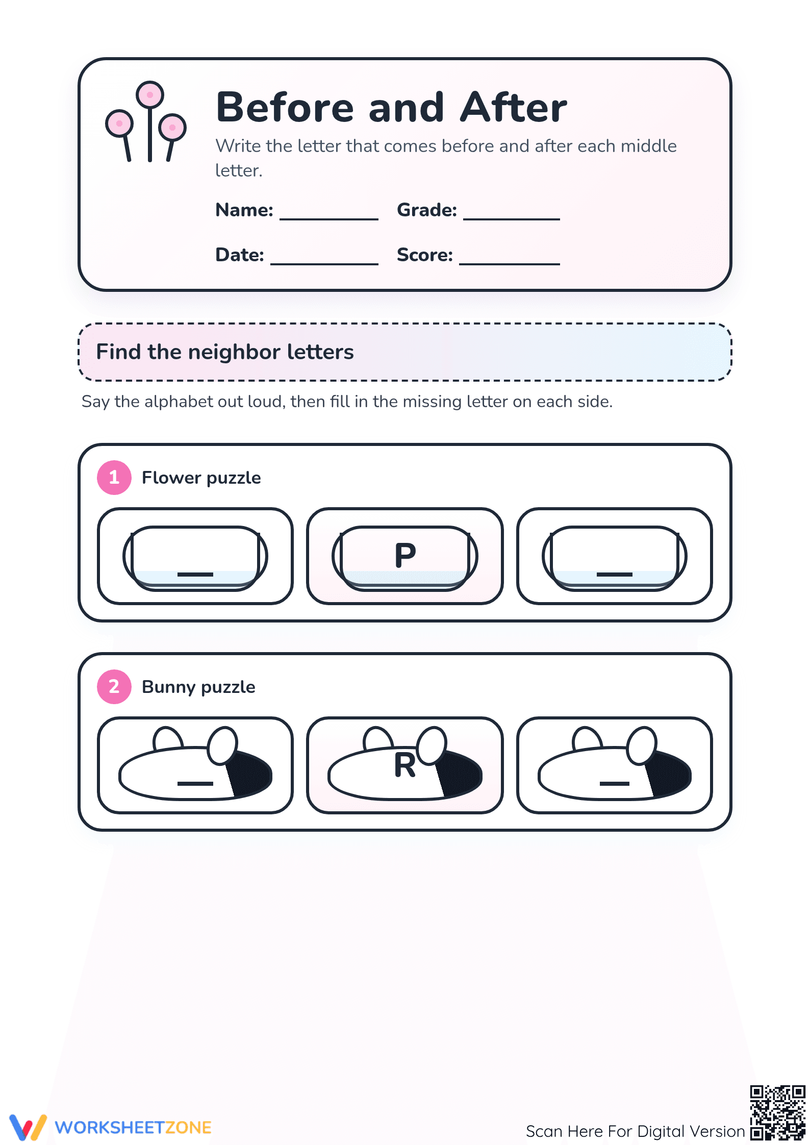 Printable Before and After Alphabet Worksheet | Preschool - Page 1