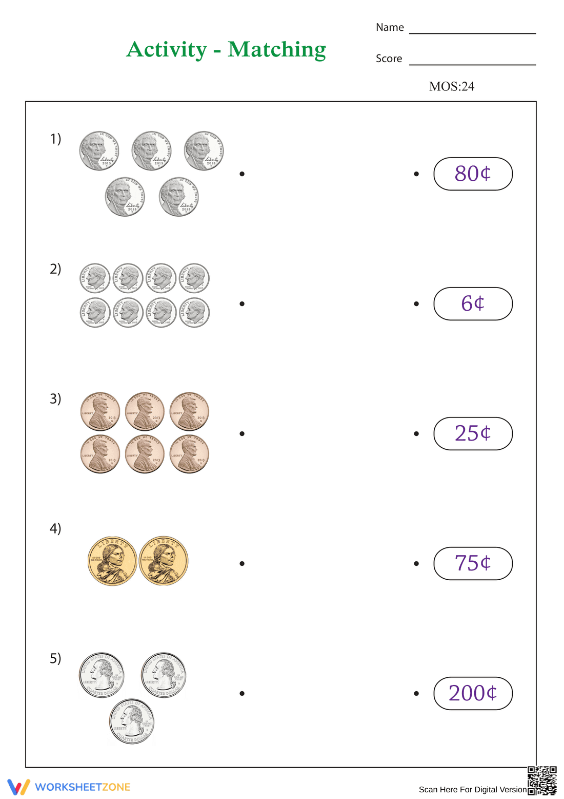 Money Matching Worksheet – Coin Value Practice - Page 1