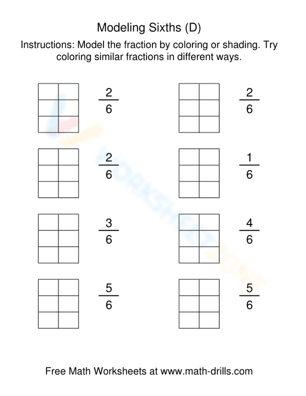 Modeling Sixths Fraction Shading Worksheet - Page 1