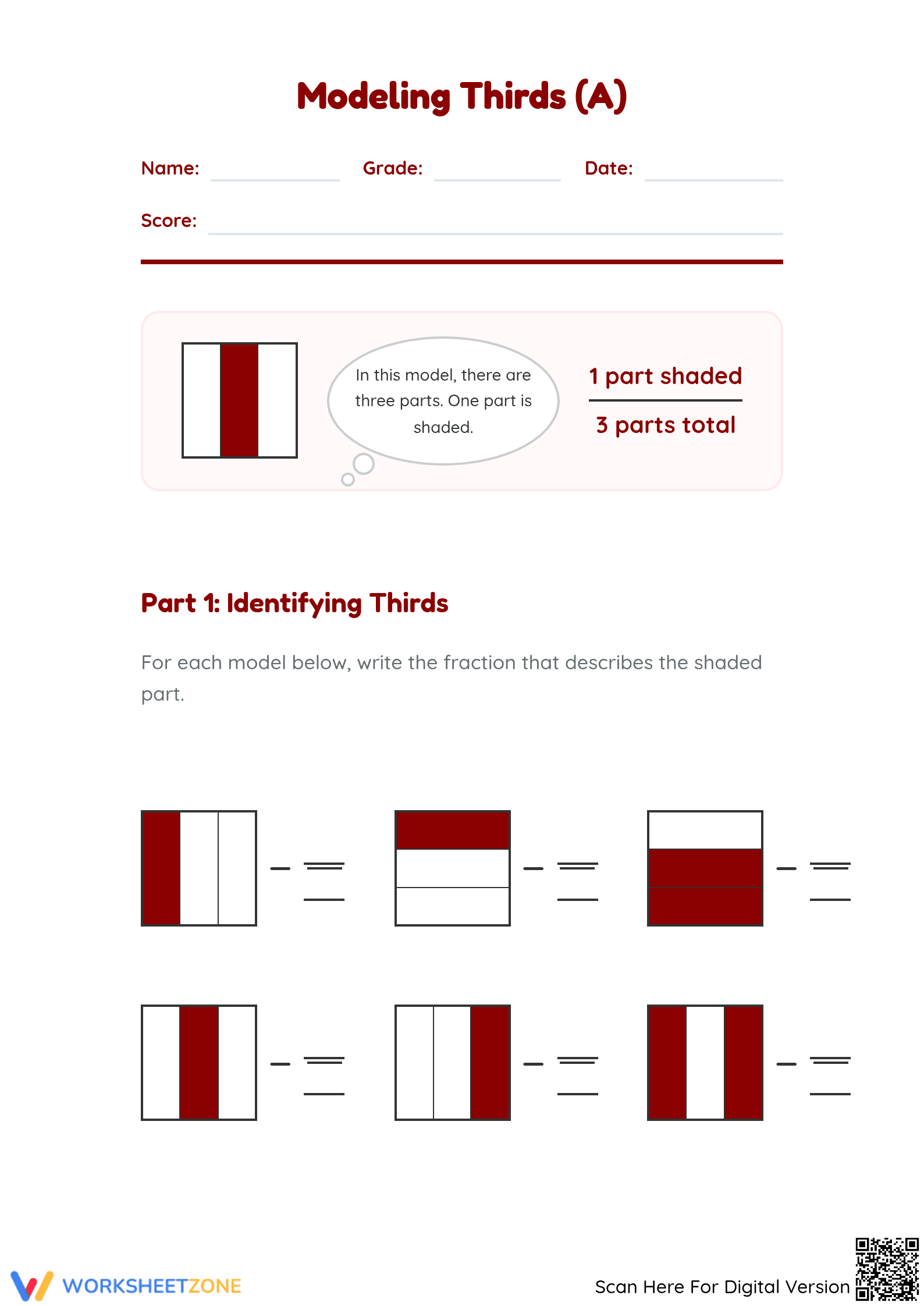 Modeling Fractions Worksheet | Printable Grade 3 Math - Page 1