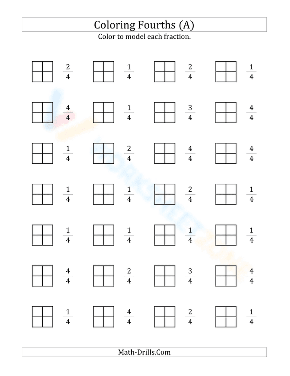 Modeling Fractions With Coloring Fourths Worksheet - Page 1