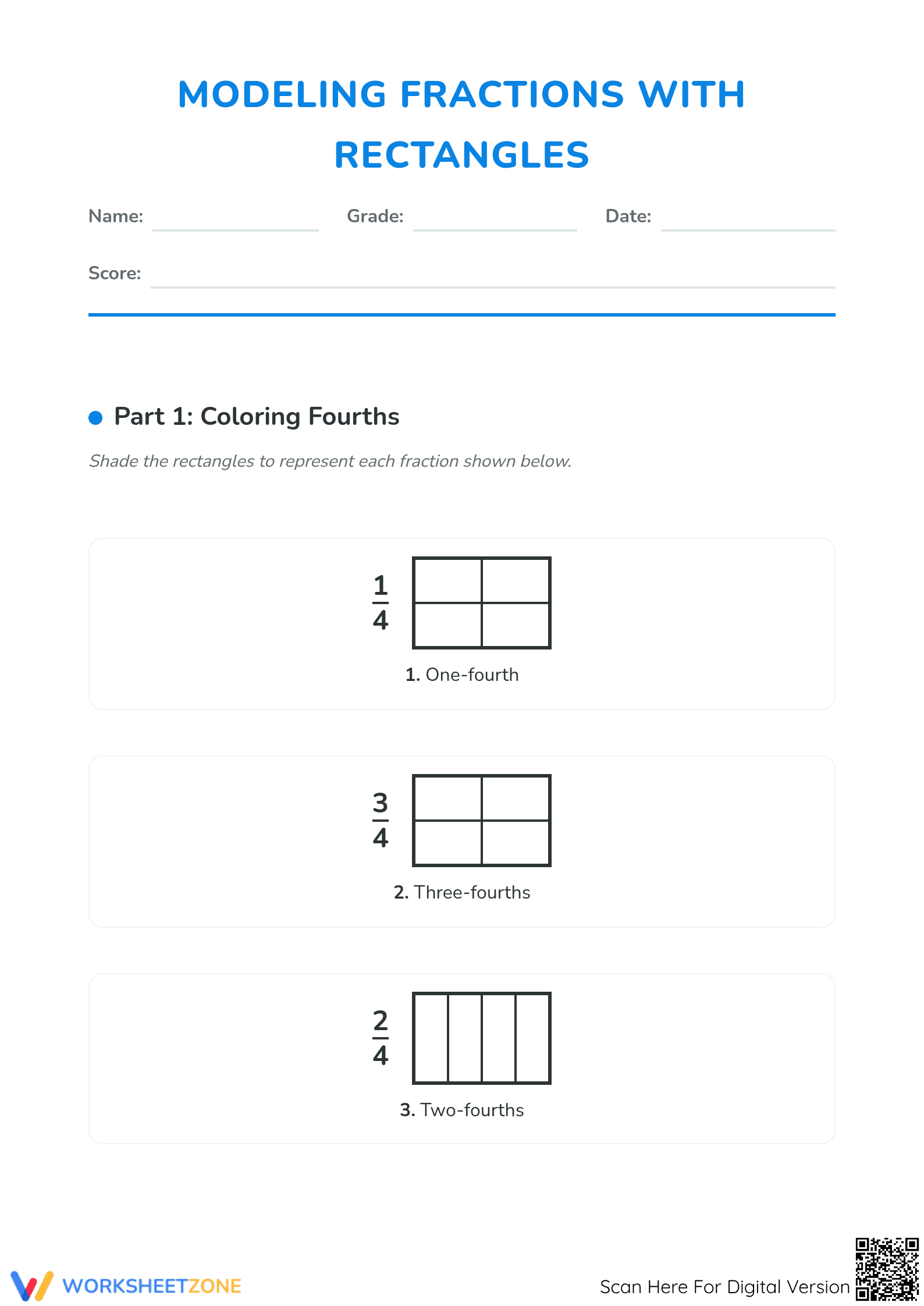 Essential Grade 3 Worksheet: Modeling Fractions with Rectangles - Page 1