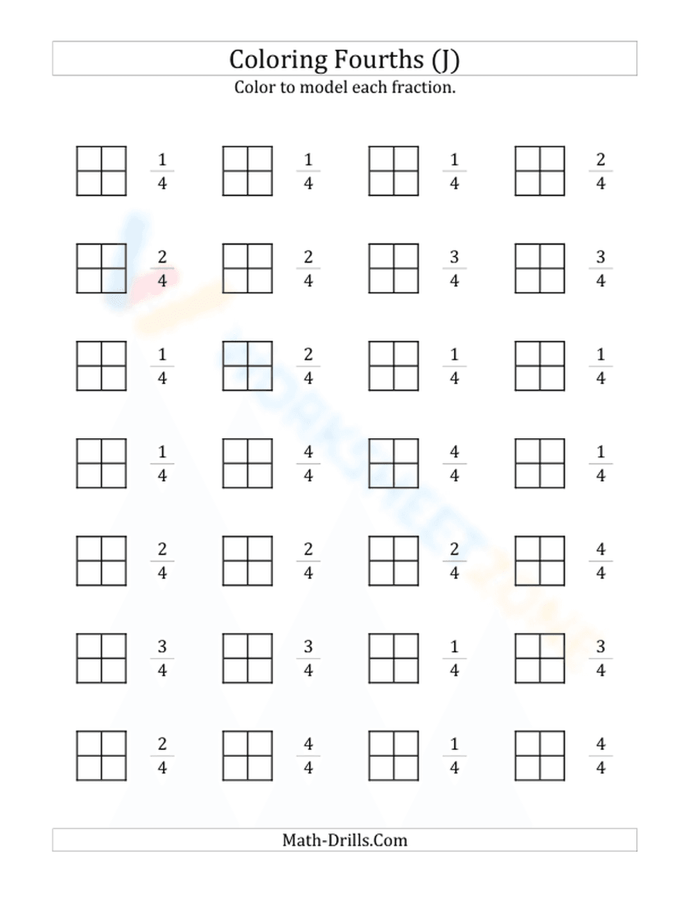 Modeling Fractions by Coloring Fourths Worksheet - Page 1